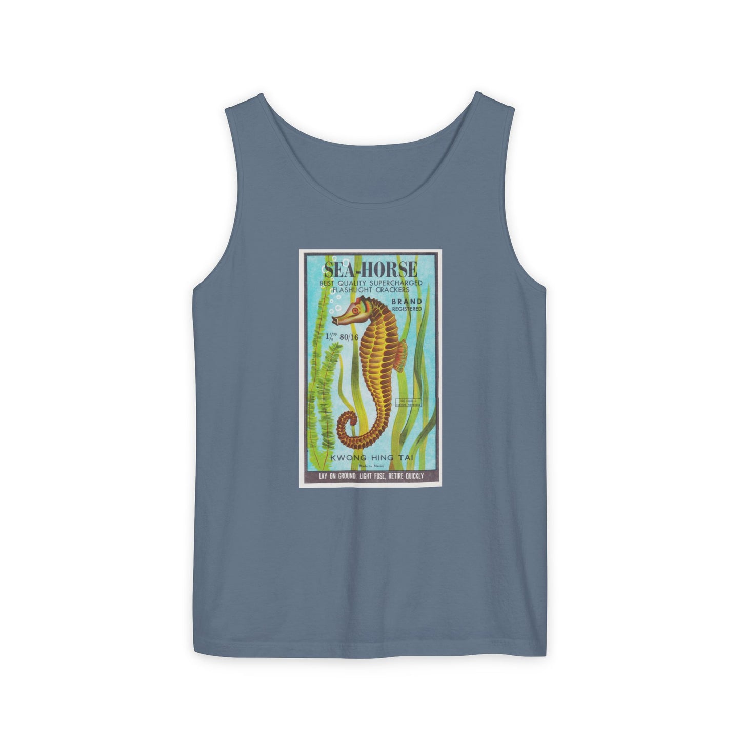 Seahorse Brand Firecrackers tank top detail — mid-century fireworks packaging art — The Faded Label Co.