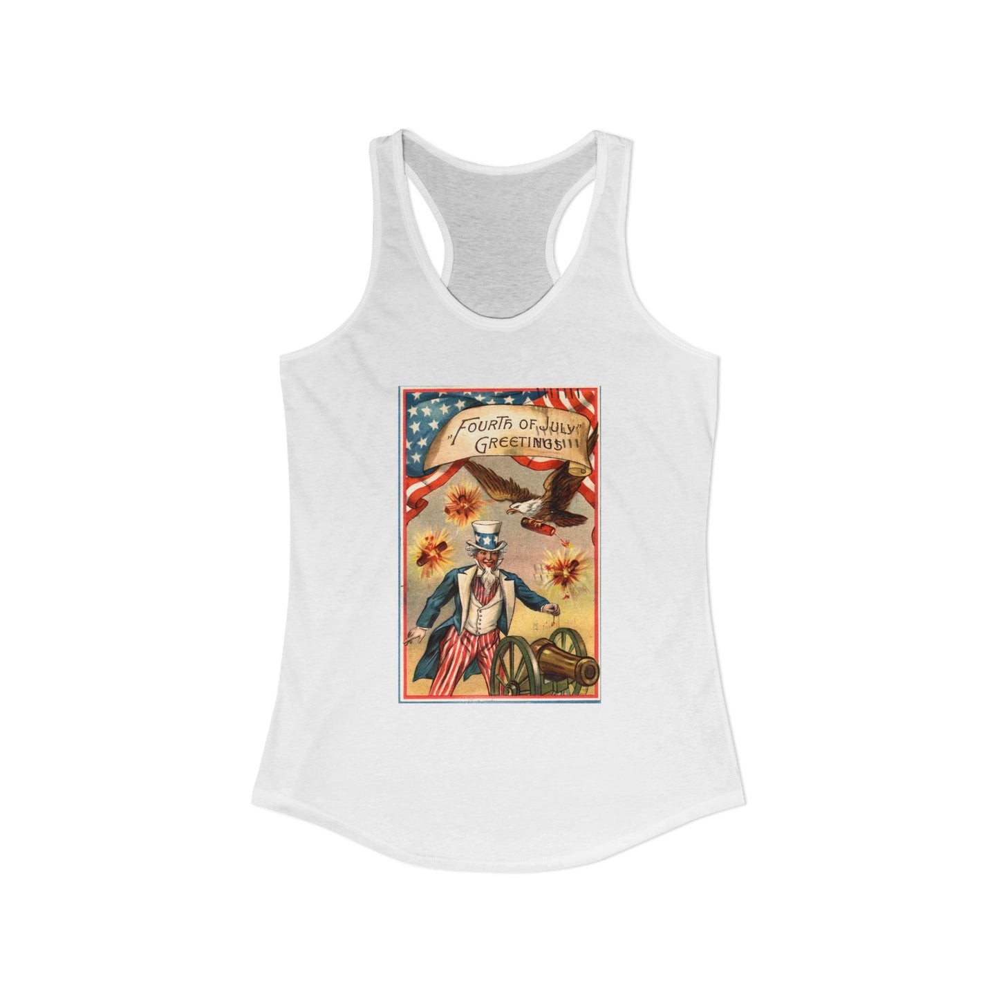 Fourth of July Greetings Uncle Sam racerback tank midnight navy — vintage patriotic postcard art — The Faded Label Co.