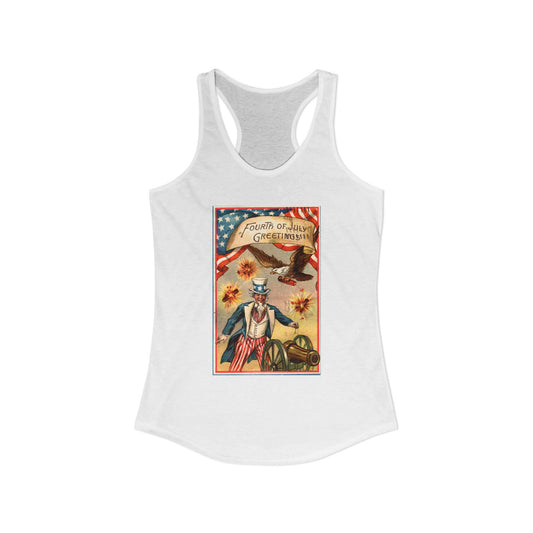 Fourth of July Greetings Uncle Sam racerback tank midnight navy — vintage patriotic postcard art — The Faded Label Co.