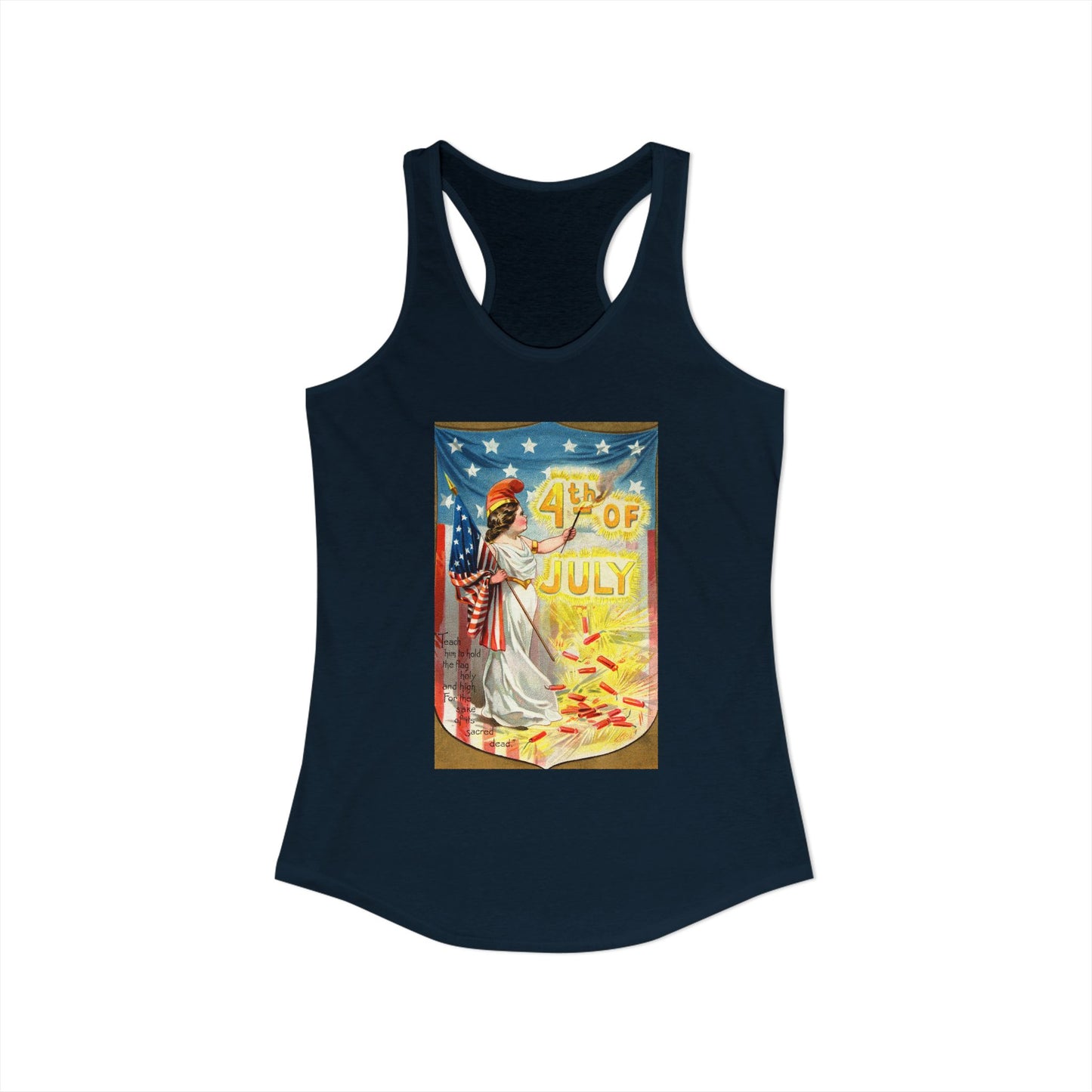 4th of July Flag Girl racerback tank warm gray — vintage Columbia patriotic postcard art — The Faded Label Co.