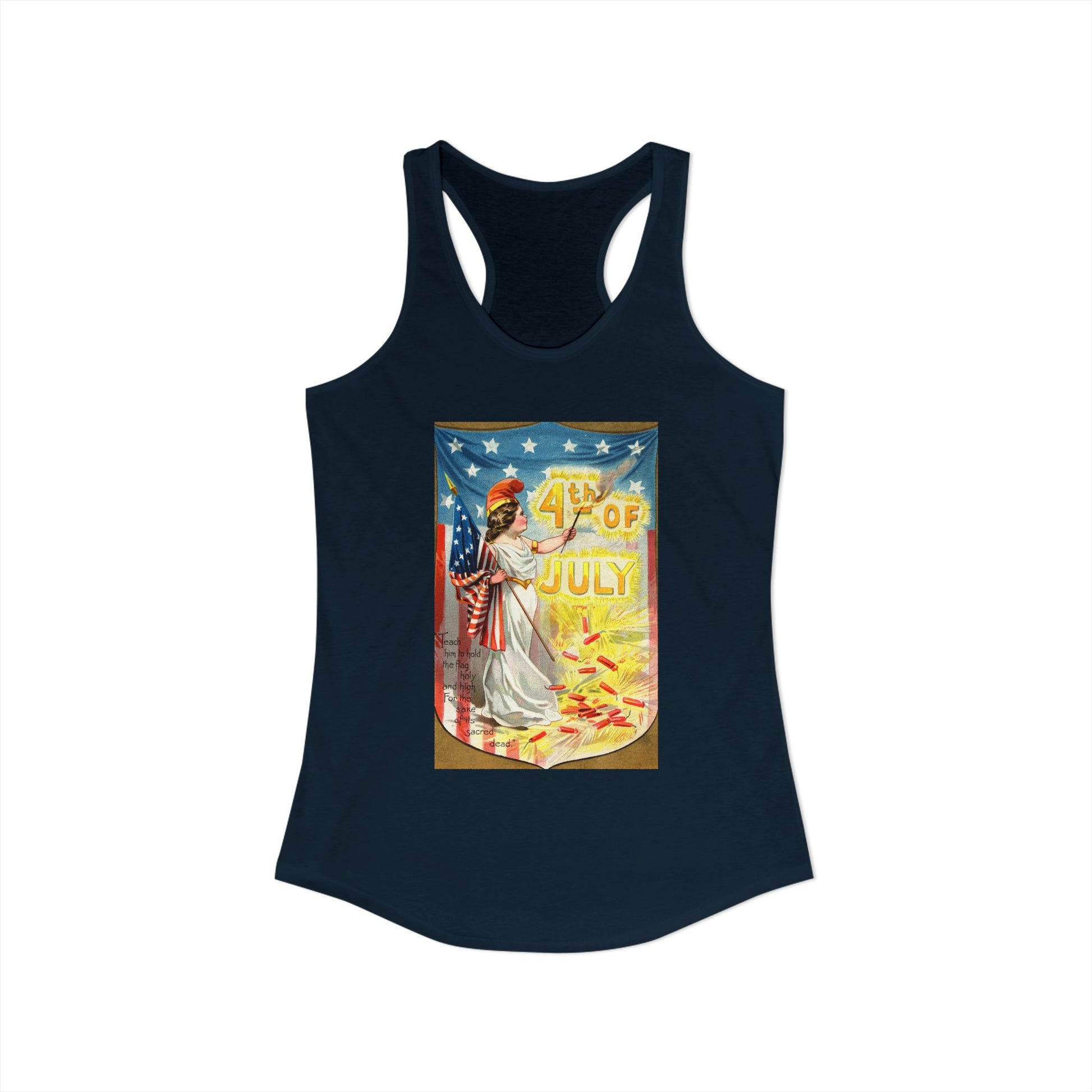 4th of July Flag Girl racerback tank warm gray — vintage Columbia patriotic postcard art — The Faded Label Co.