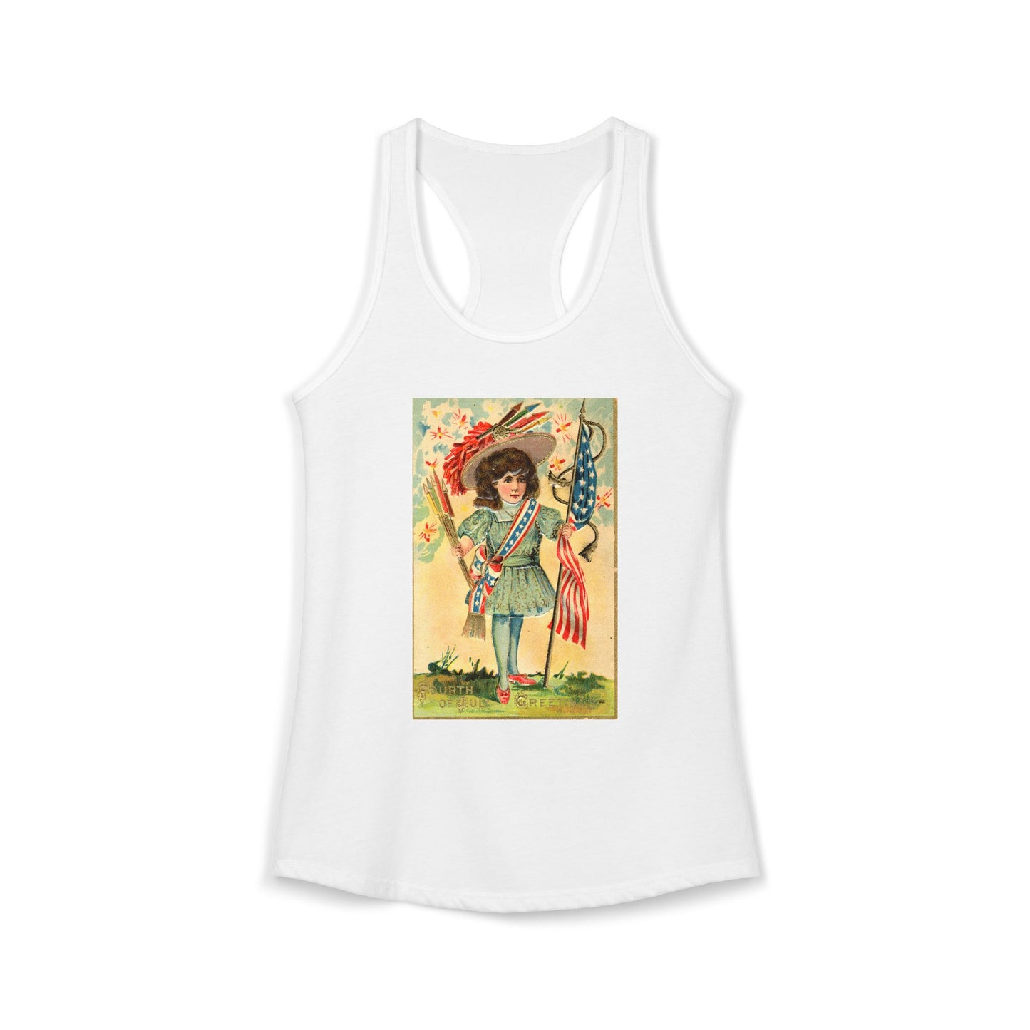 4th of July Patriotic Girl racerback tank midnight navy — vintage patriotic postcard art — The Faded Label Co.