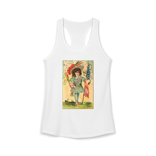 4th of July Patriotic Girl racerback tank midnight navy — vintage patriotic postcard art — The Faded Label Co.