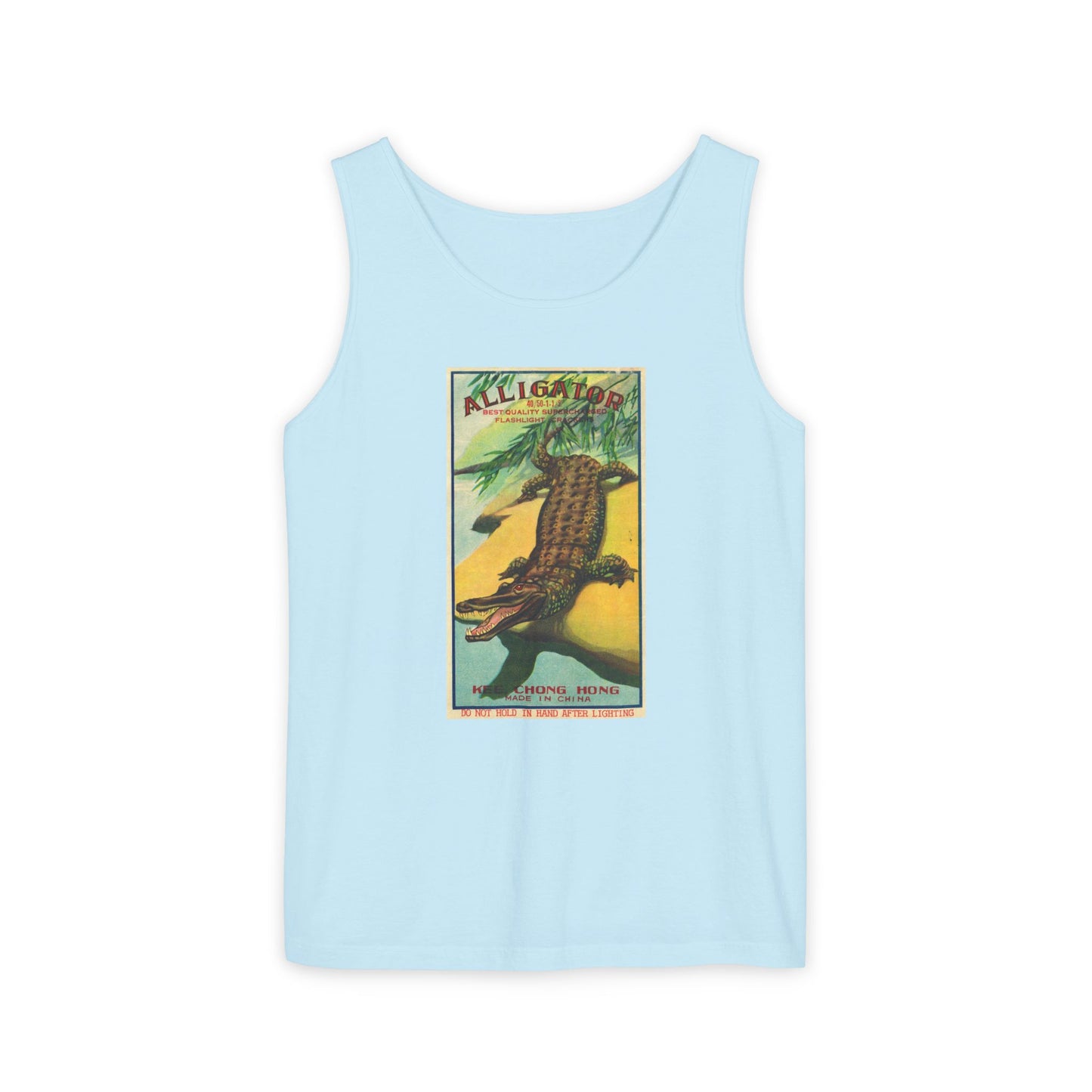 Alligator Firecrackers tank top chambray — America's 250th anniversary apparel — The Faded Label Co.