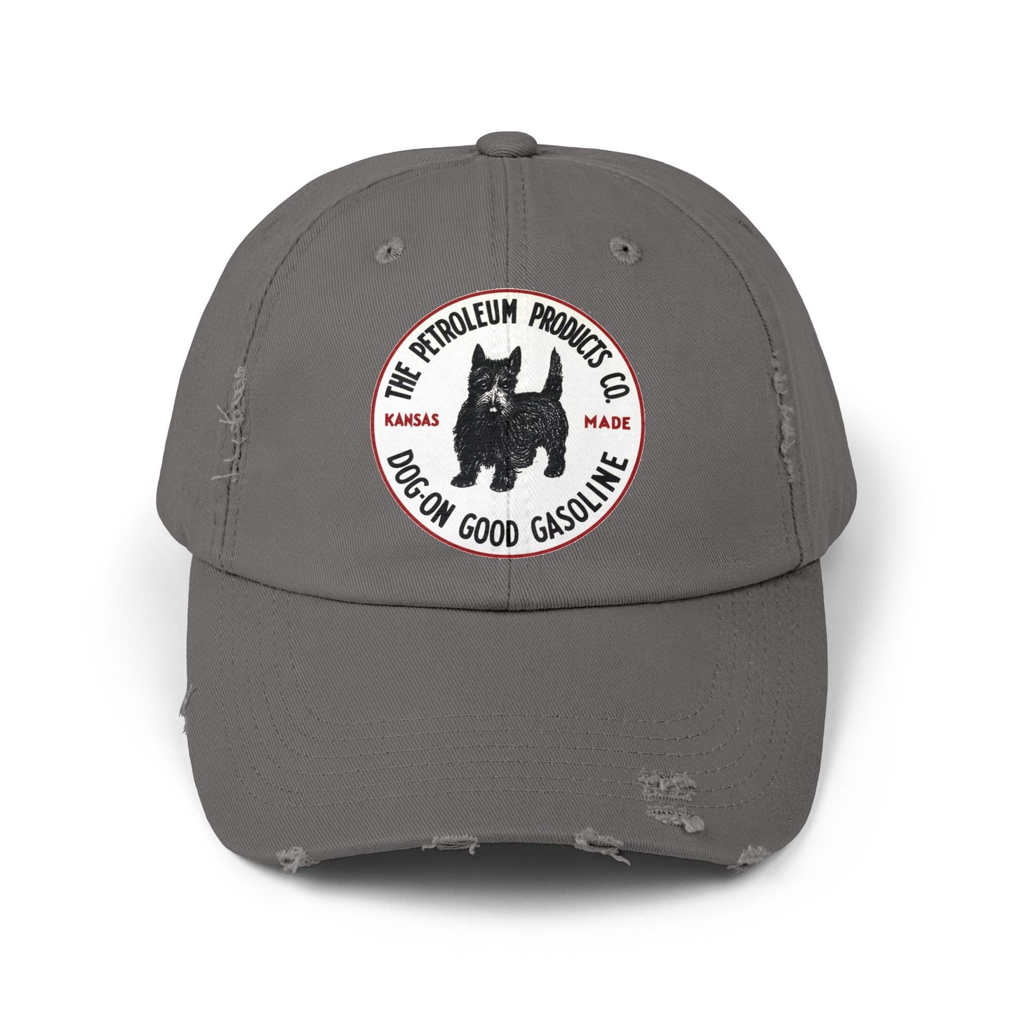 Dog-On Good Gasoline distressed cap side profile — retro Kansas petroleum — The Faded Label Co.