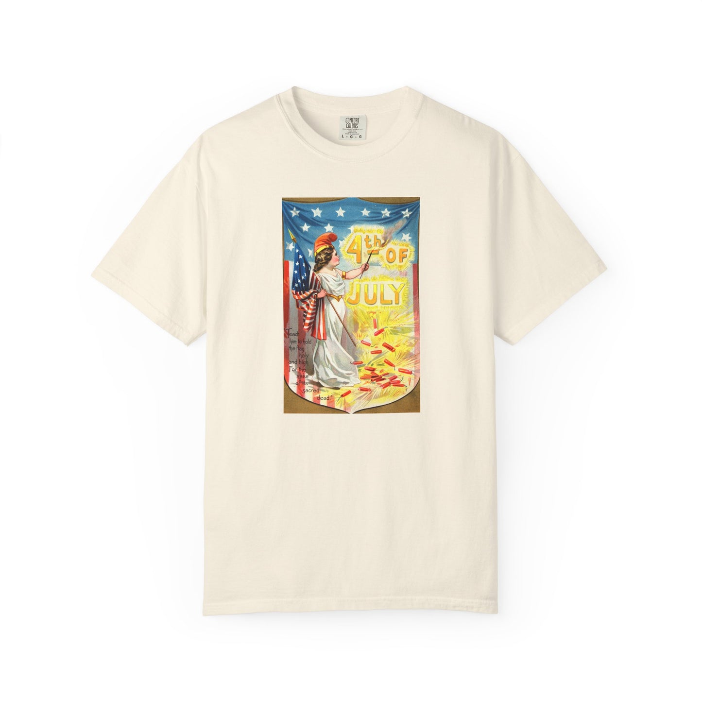 4th of July Flag Girl t-shirt blue jean — vintage Columbia patriotic postcard art — The Faded Label Co.