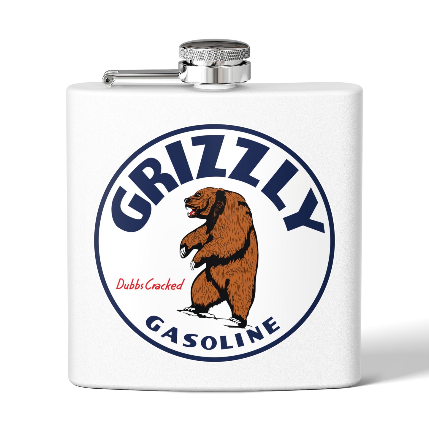Grizzly Gasoline flask navy — vintage petroliana gift — The Faded Label Co.