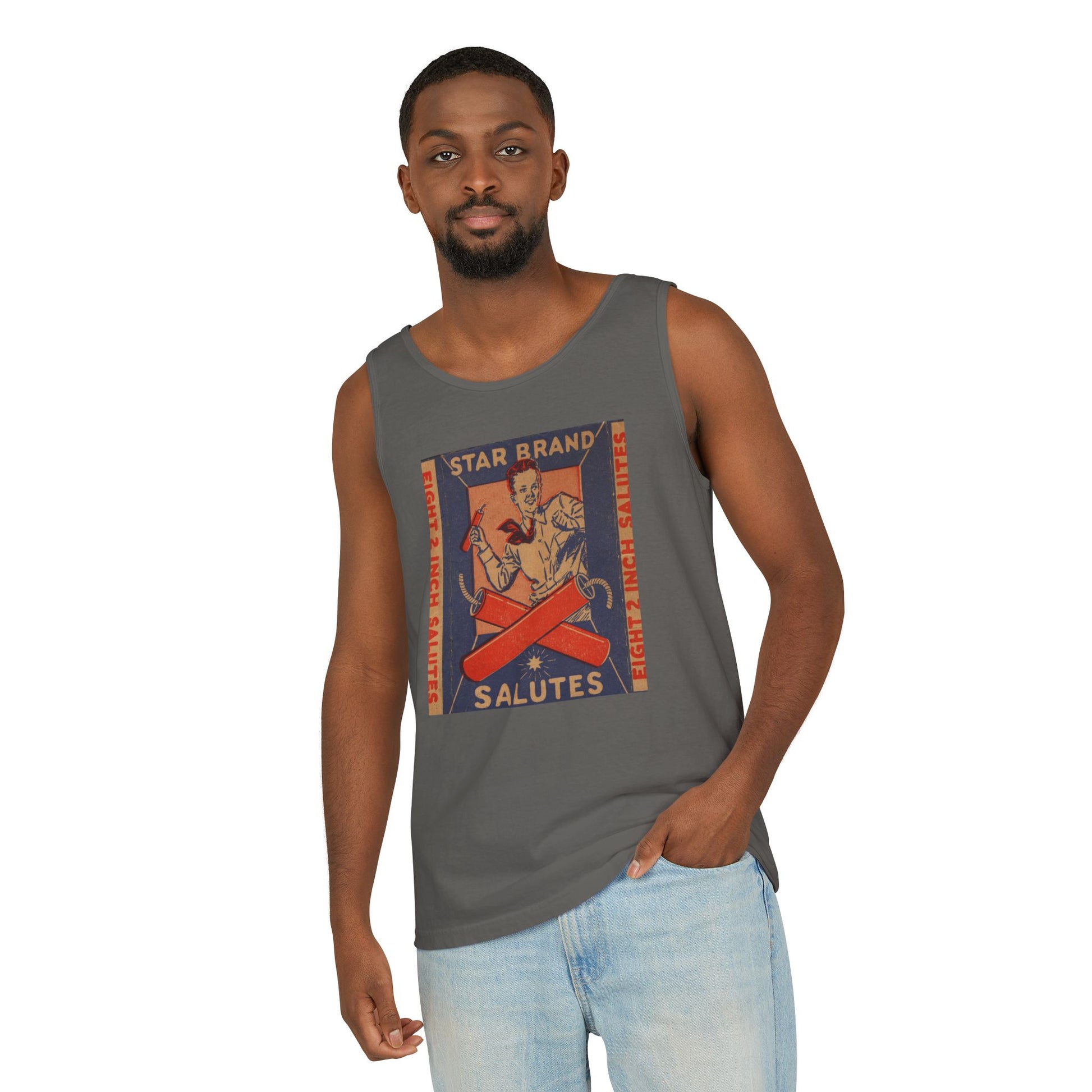 Star Brand Salutes tank top flat lay true navy — Comfort Colors 9360 unisex tank — The Faded Label Co.