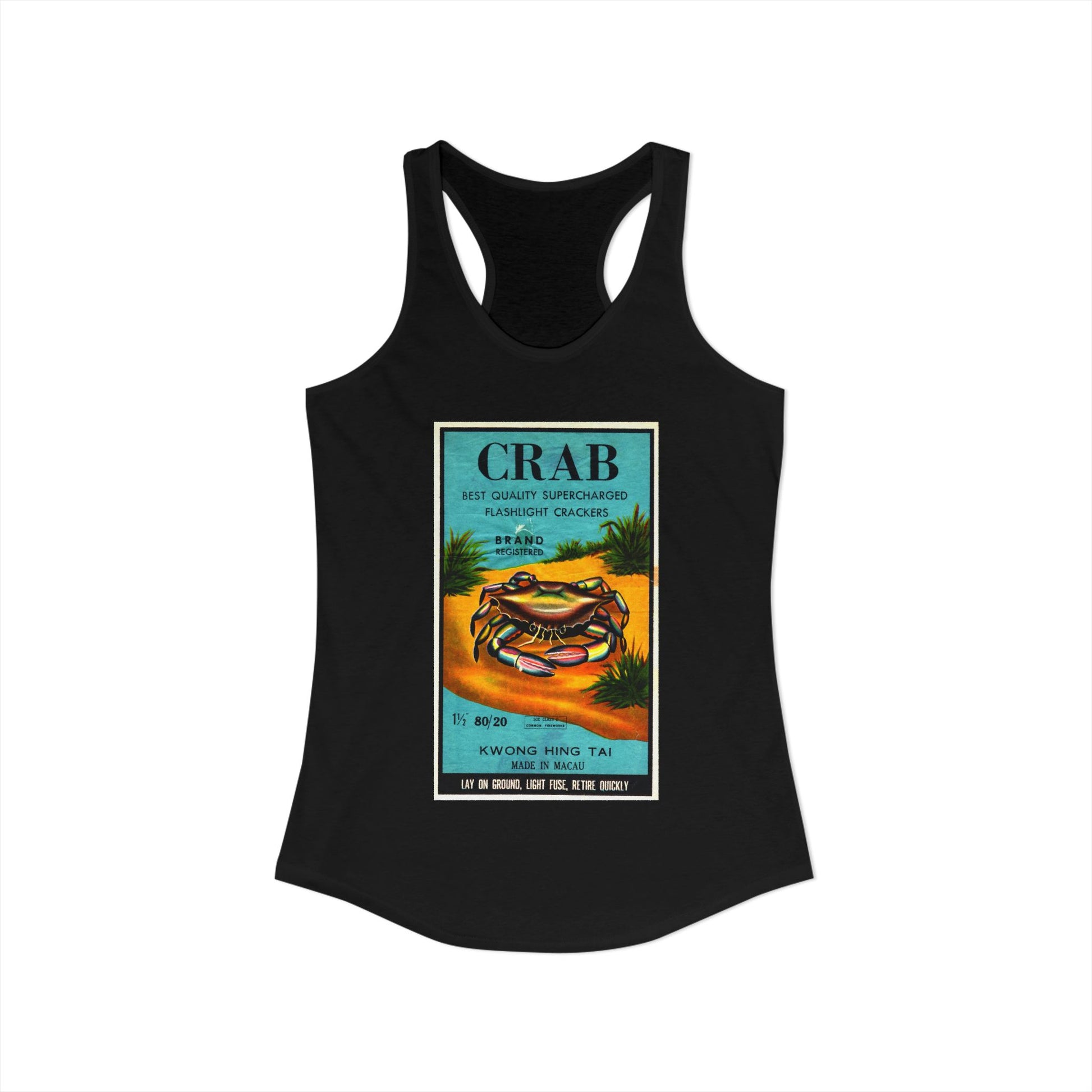 Crab Brand Firecrackers racerback tank black — vintage fireworks label art — The Faded Label Co.