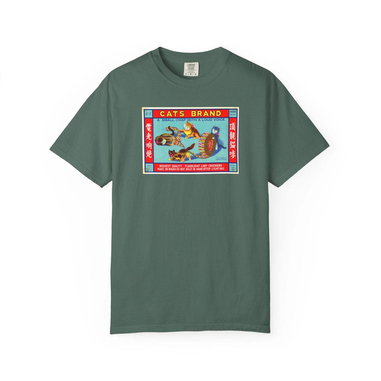 Cats Brand Firecrackers t-shirt Chambray — vintage patriotic fireworks label tee — The Faded Label Co.