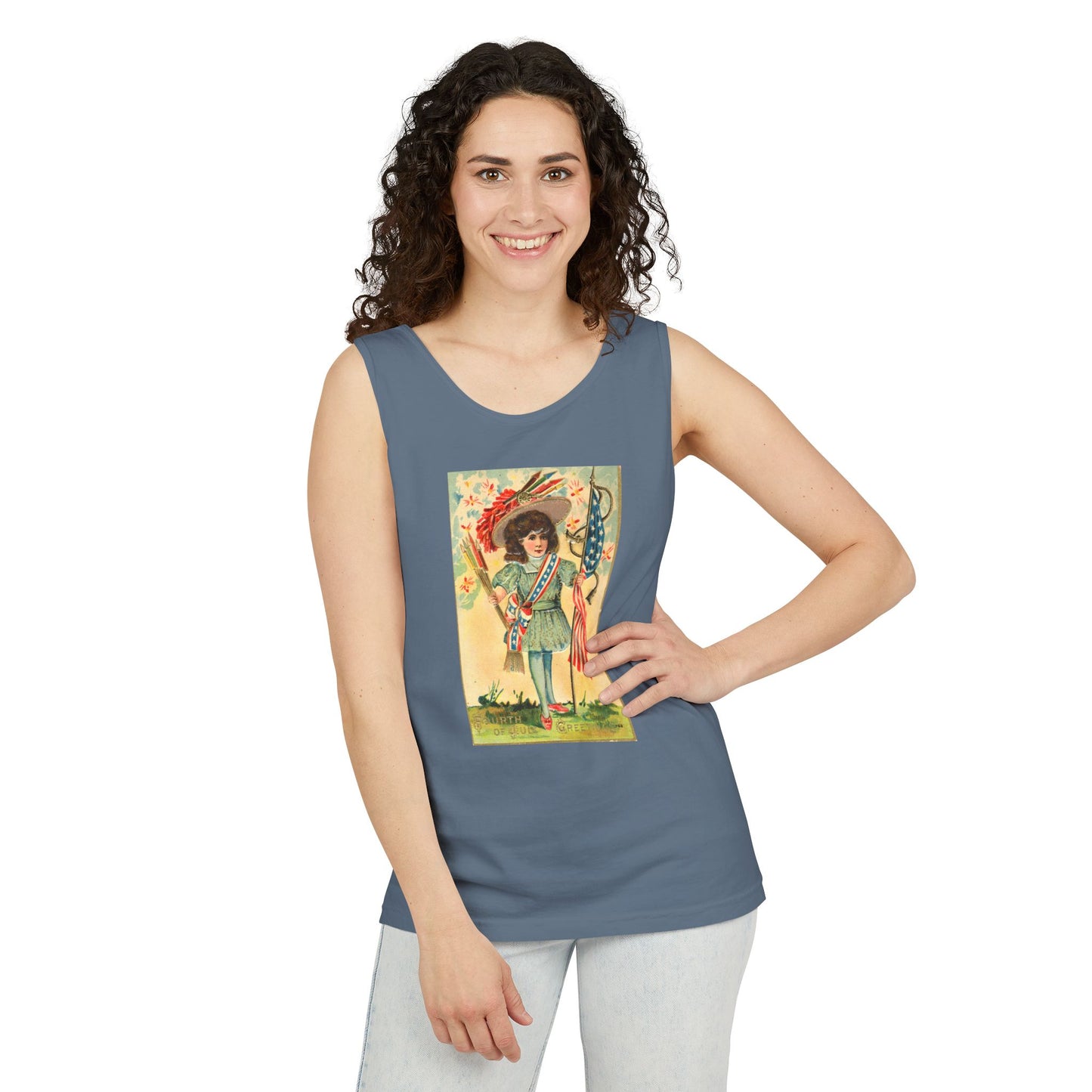 4th of July Patriotic Girl tank top hang tag — Comfort Colors 9360 garment dyed — The Faded Label Co.