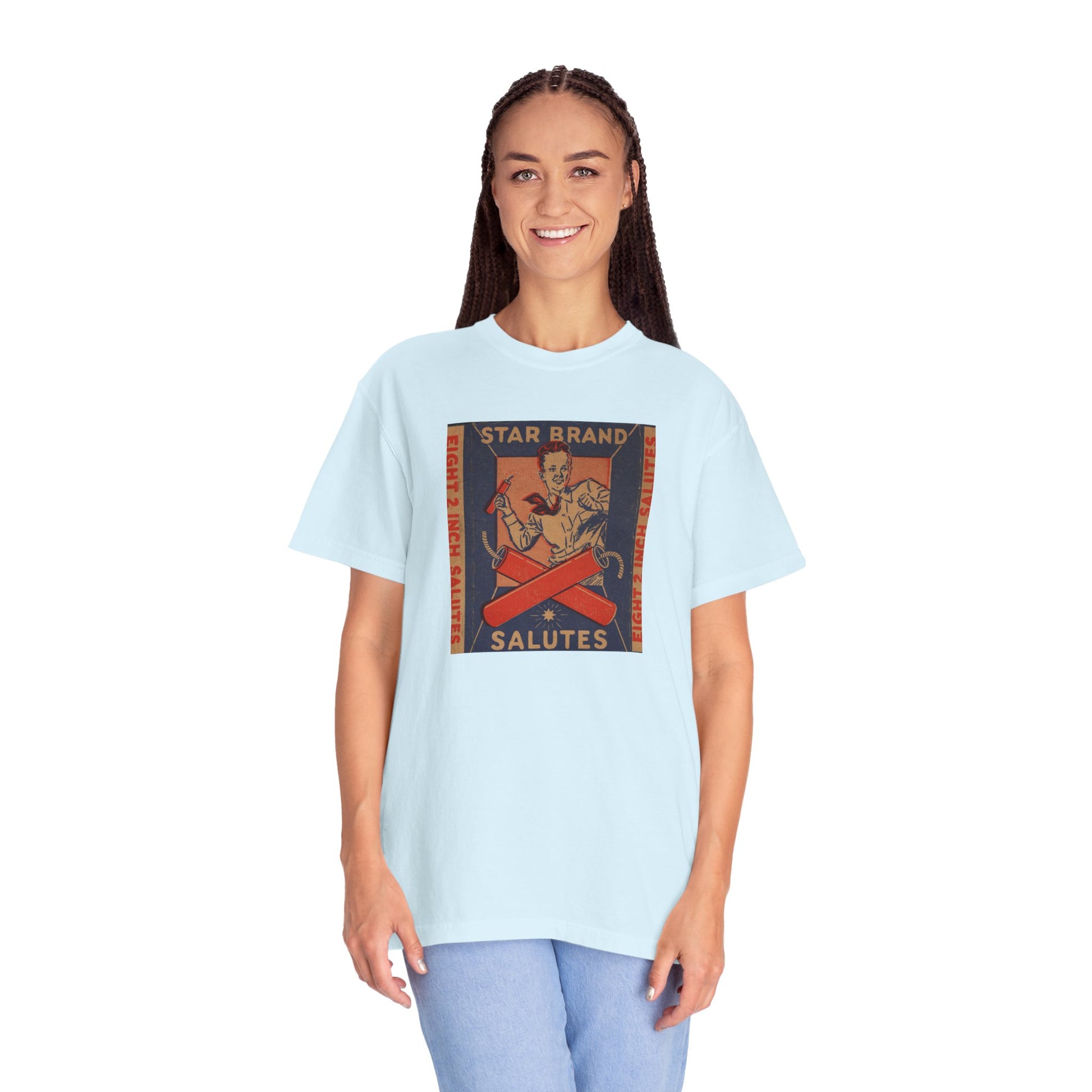 Star Brand Salutes t-shirt flat lay — Comfort Colors 1717 vintage fireworks tee — The Faded Label Co.