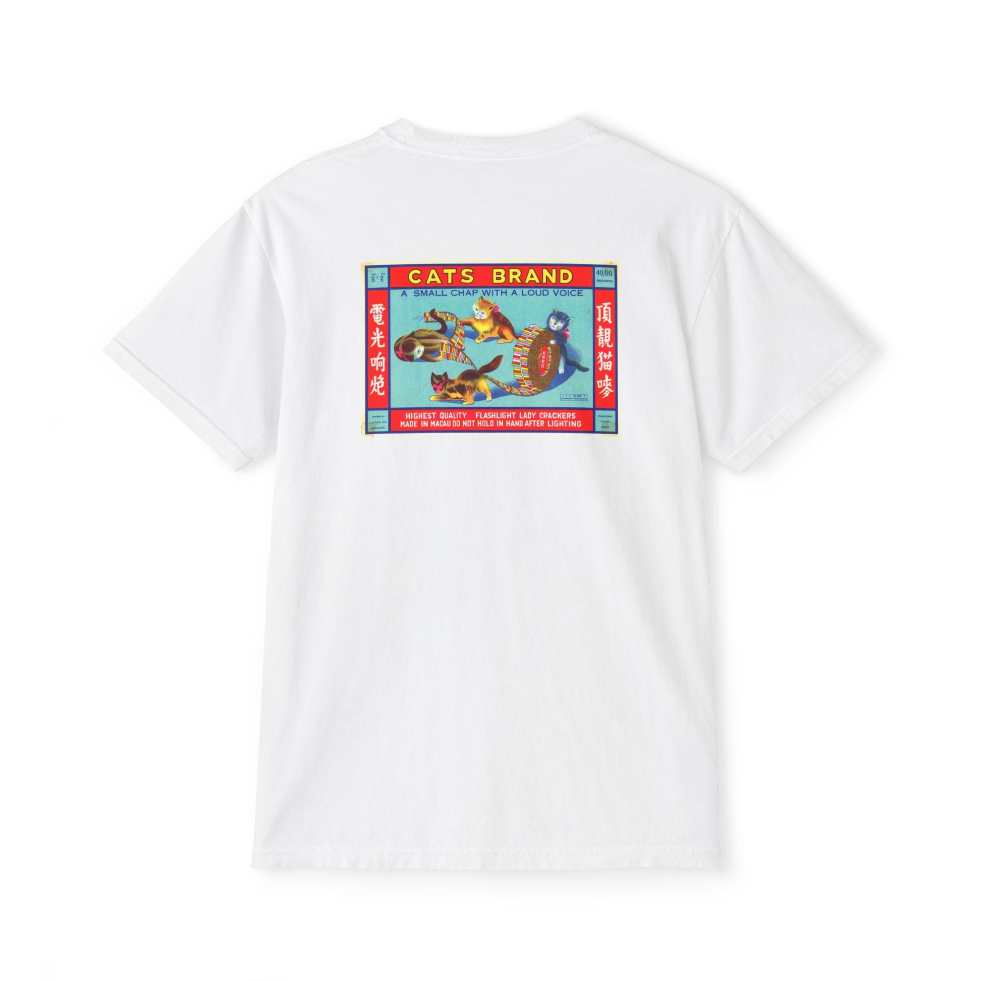Cats Brand Firecrackers pocket t-shirt white — person wearing front — The Faded Label Co.