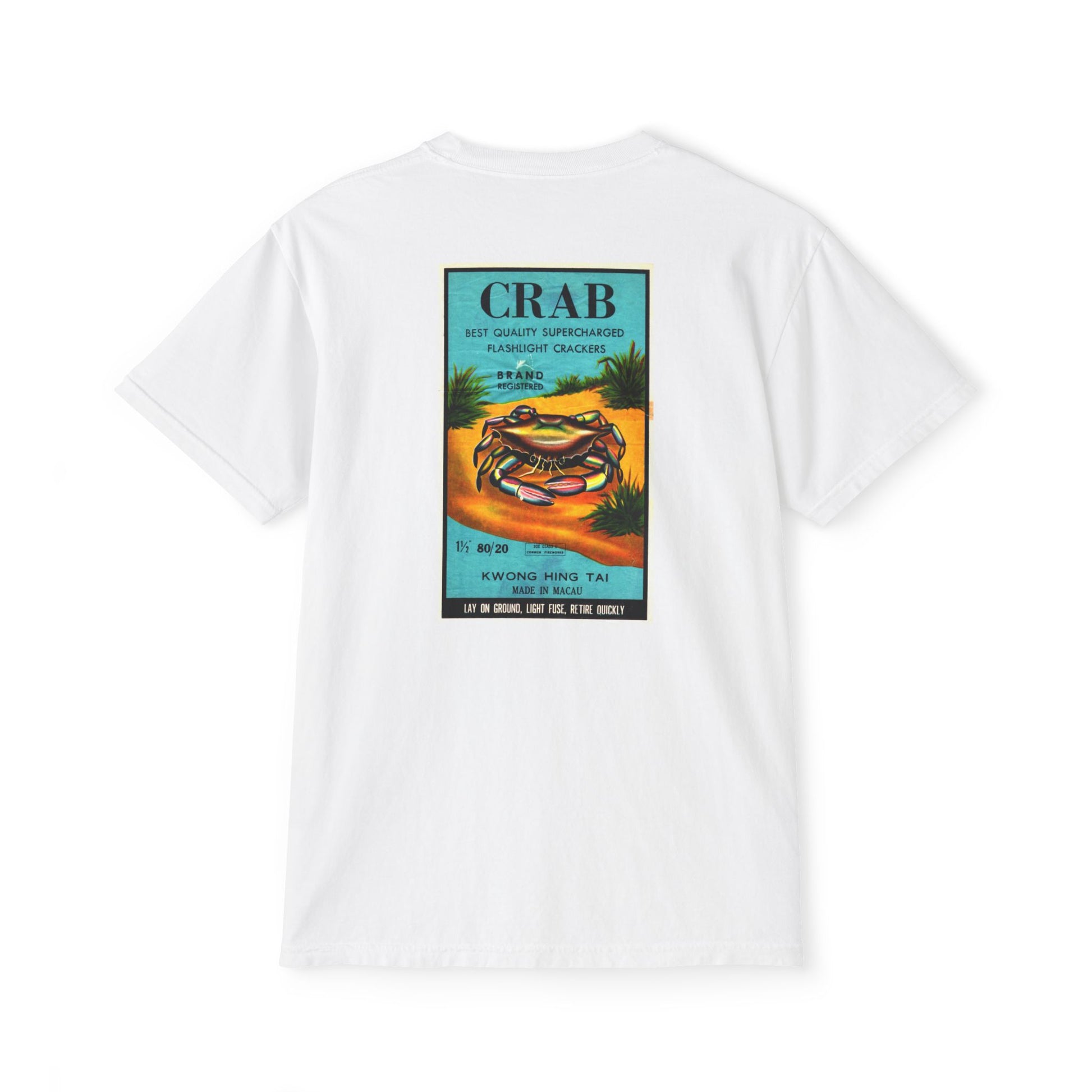 Crab Brand Firecrackers pocket t-shirt white front — America's 250th anniversary badge — The Faded Label Co.