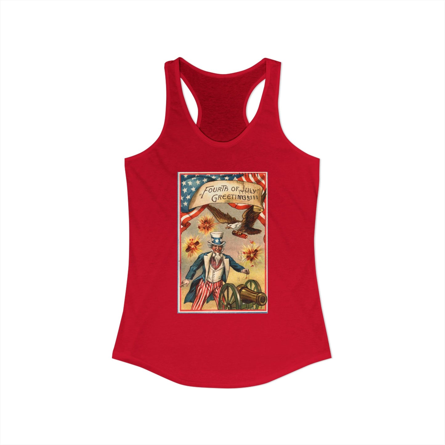 Fourth of July Greetings Uncle Sam racerback tank white — vintage patriotic postcard art — The Faded Label Co.