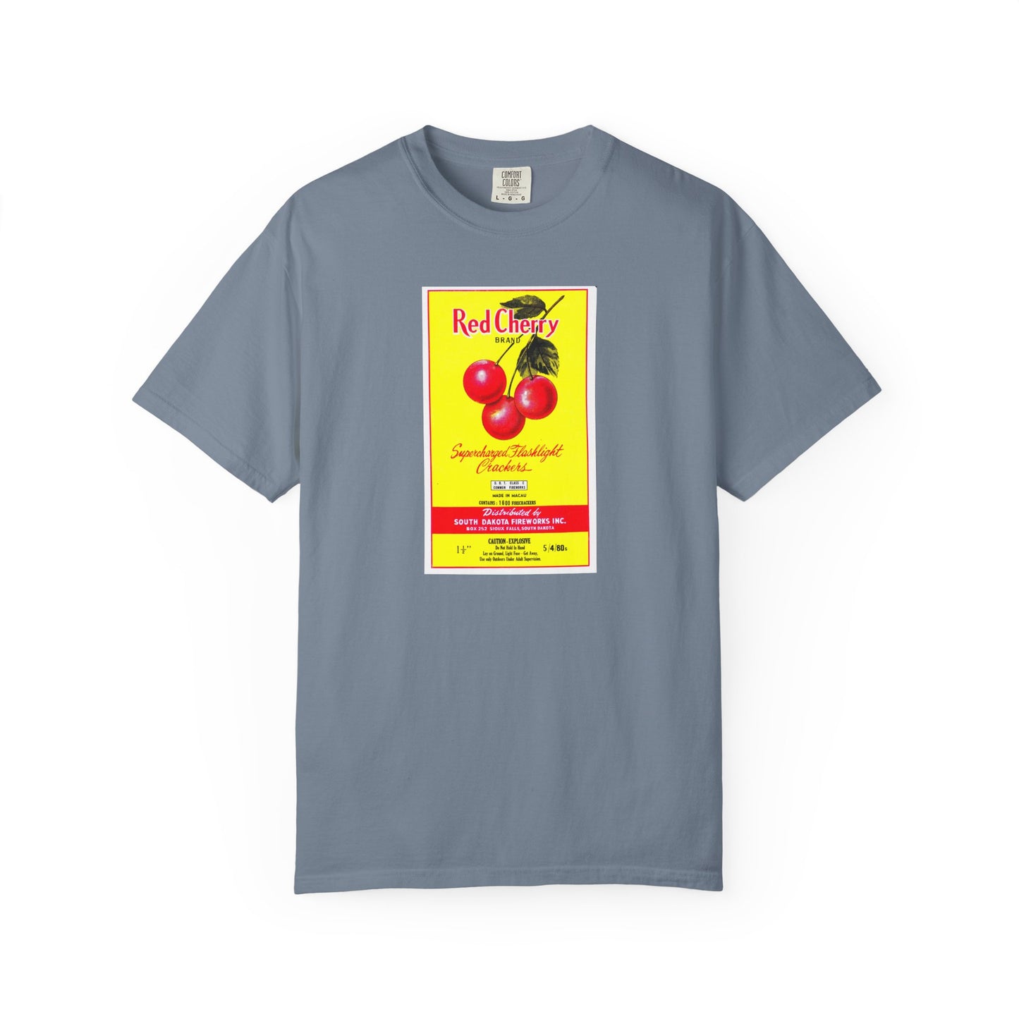 Red Cherry Brand Firecrackers t-shirt Grey — vintage fireworks label Comfort Colors tee — The Faded Label Co.