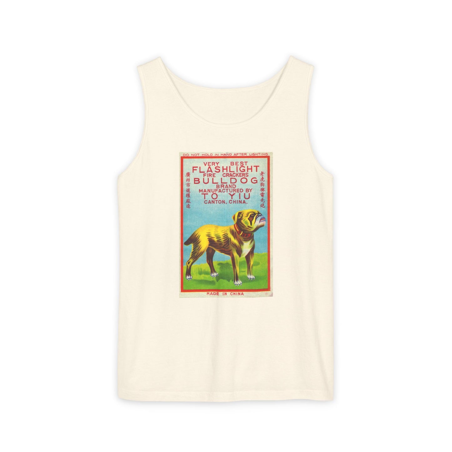 Bulldog Firecrackers tank top white — vintage fireworks label art — The Faded Label Co.