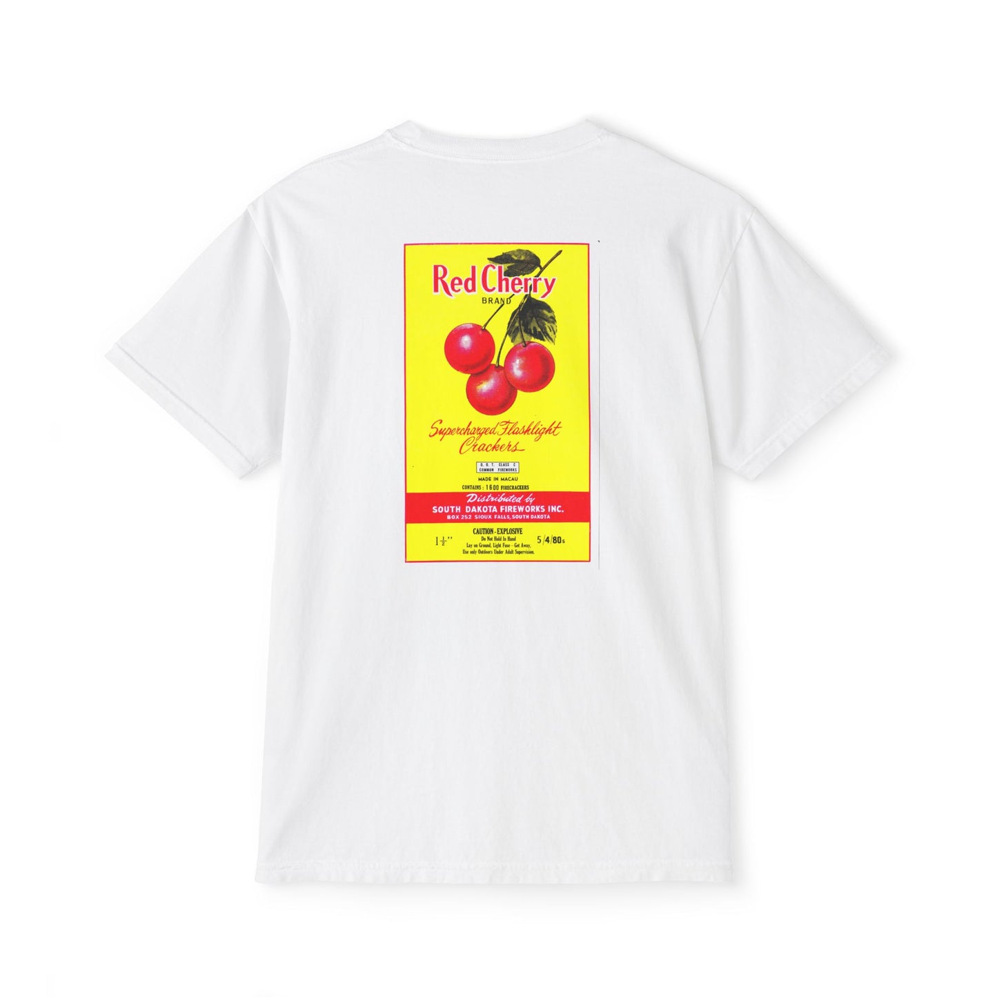Red Cherry Brand Firecrackers pocket t-shirt white — person wearing — The Faded Label Co.