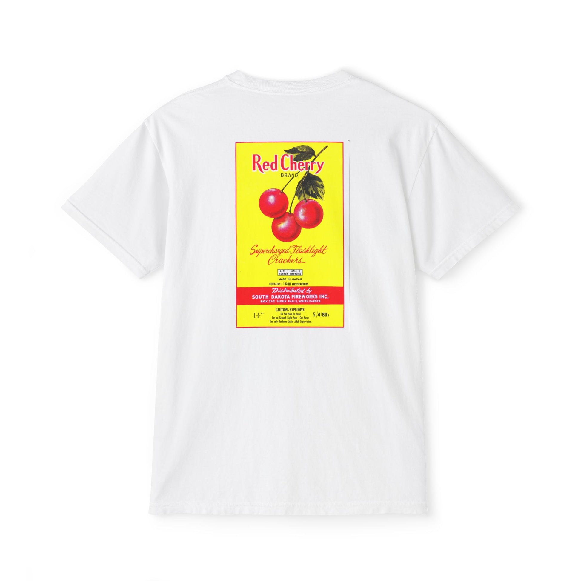 Red Cherry Brand Firecrackers pocket t-shirt white — person wearing — The Faded Label Co.