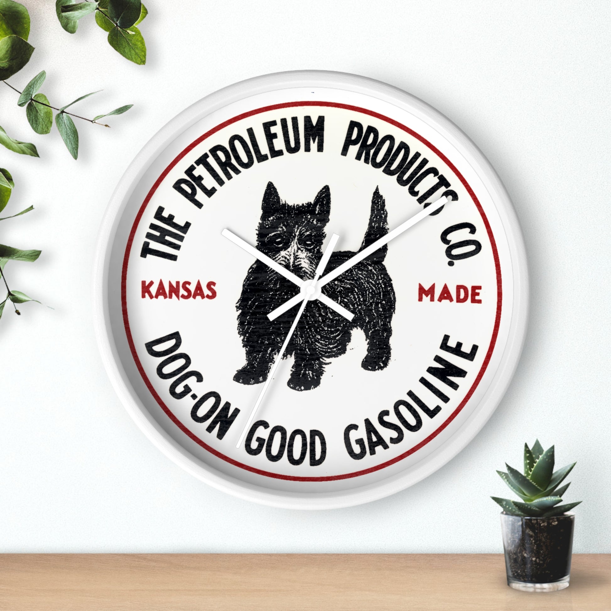 Dog-On Good Gasoline wall clock detail face close up — silent quartz movement — The Faded Label Co.