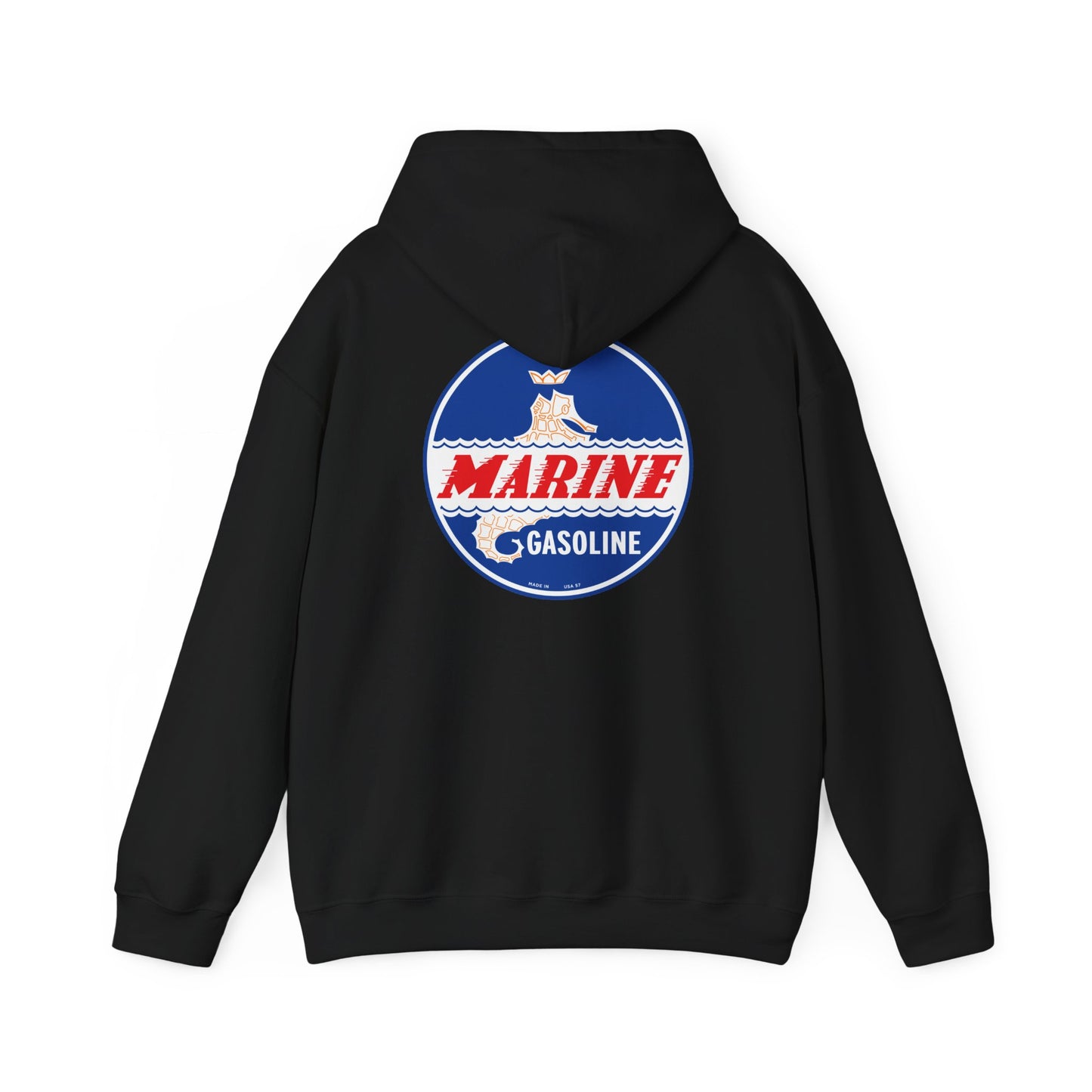 Marine Gasoline Logo Hoodie — Retro Nautical Engine Club Sweatshirt