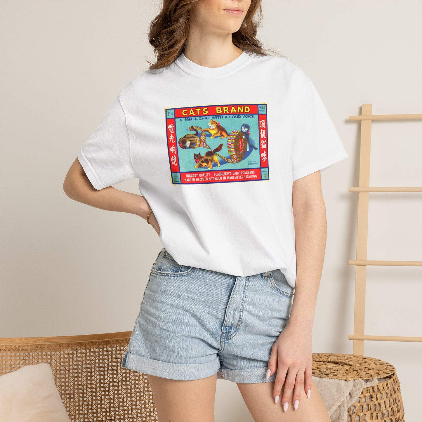 Cats Brand Firecrackers t-shirt Ivory — vintage lady crackers label Comfort Colors tee — The Faded Label Co.