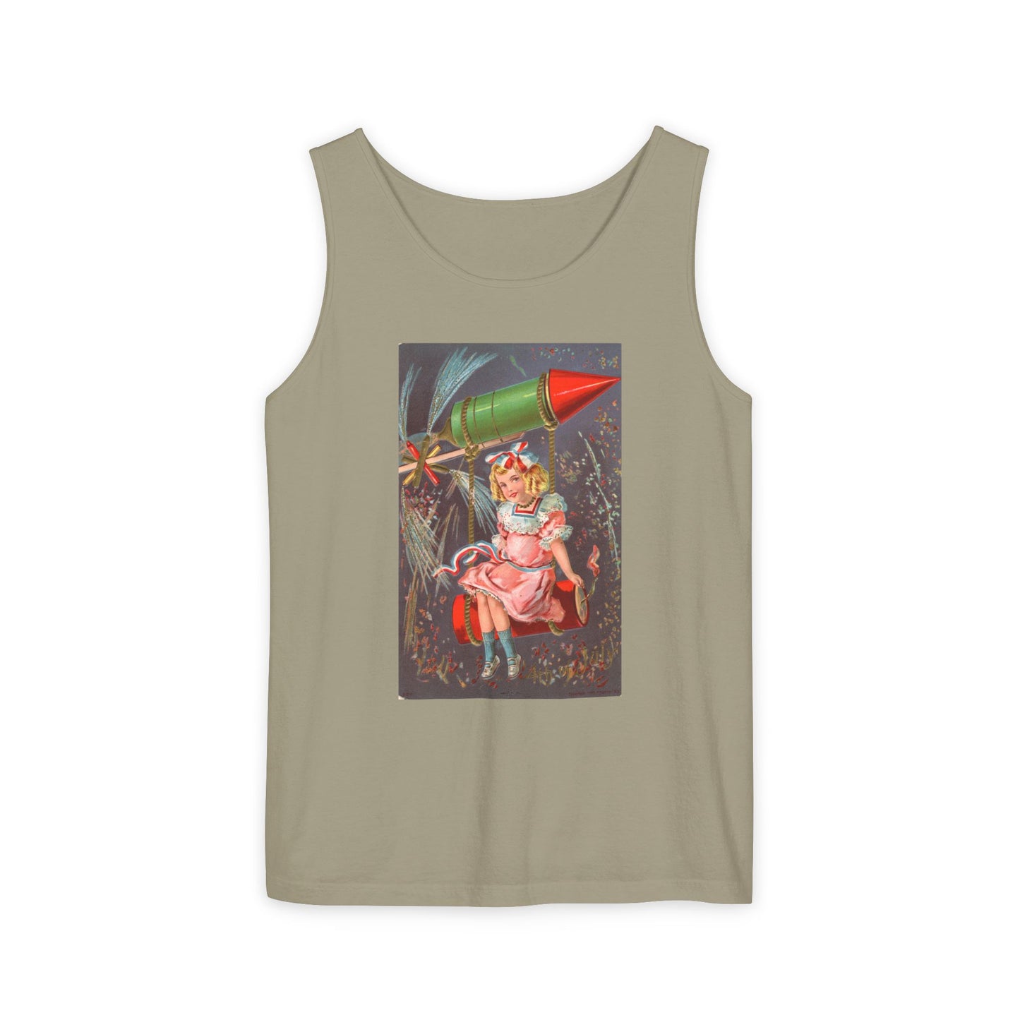 1907 Rocket Girl tank top denim — vintage 4th of July postcard art — The Faded Label Co.