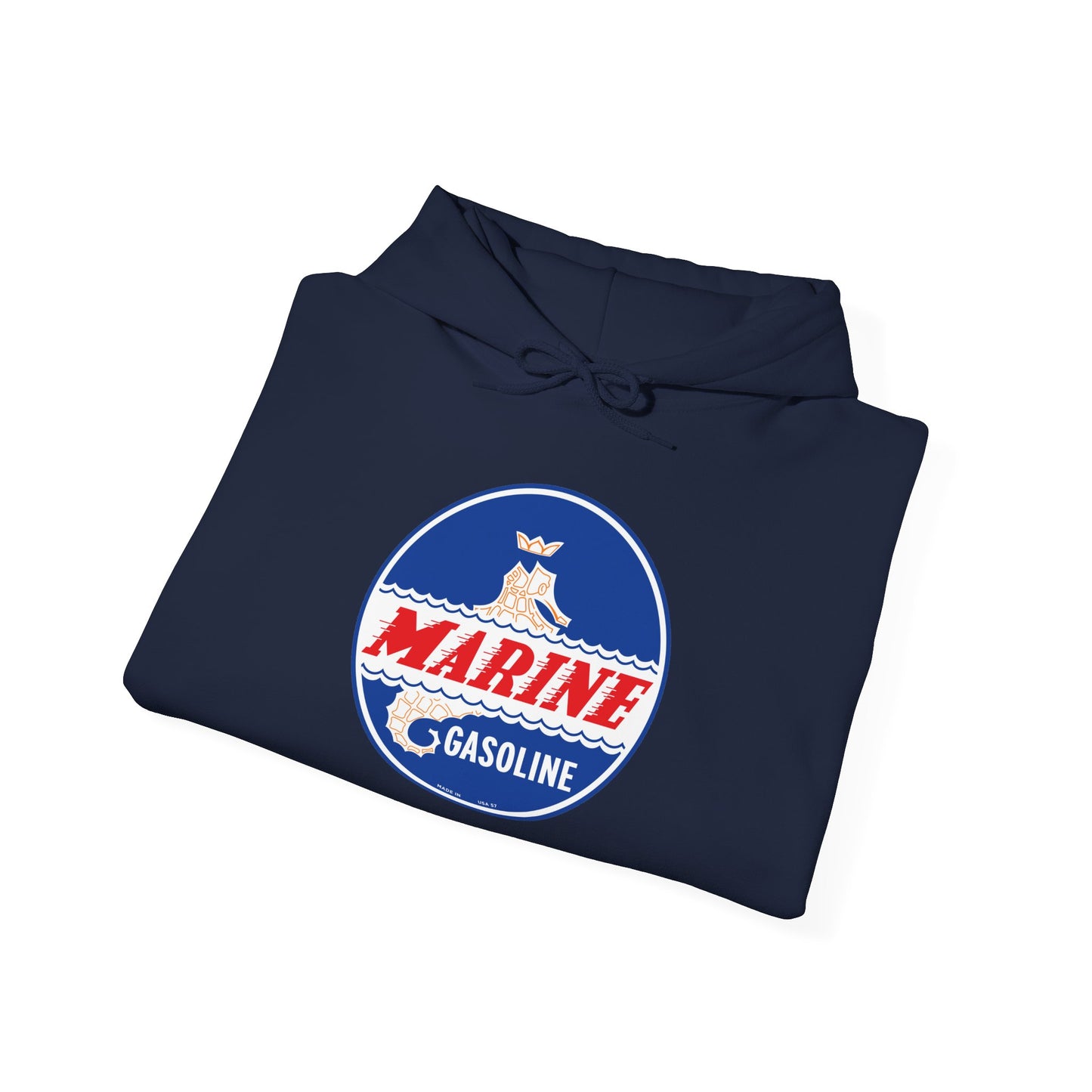 Marine Gasoline Logo Hoodie — Retro Nautical Engine Club Sweatshirt