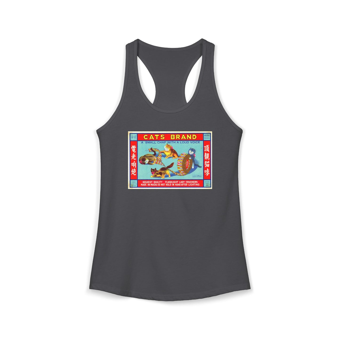 Cat Brand Firecrackers racerback tank red — vintage firecracker label graphic — The Faded Label Co.