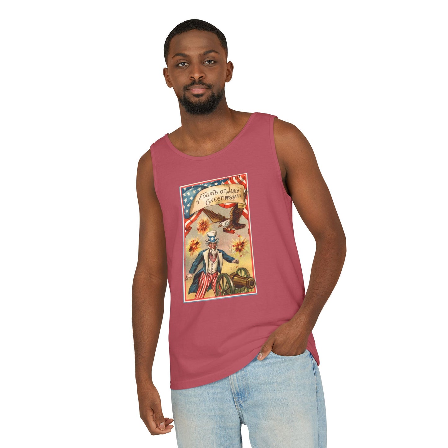 Fourth of July Greetings Uncle Sam Tank Top — Vintage Patriotic Postcard Art | The Faded Label Co.