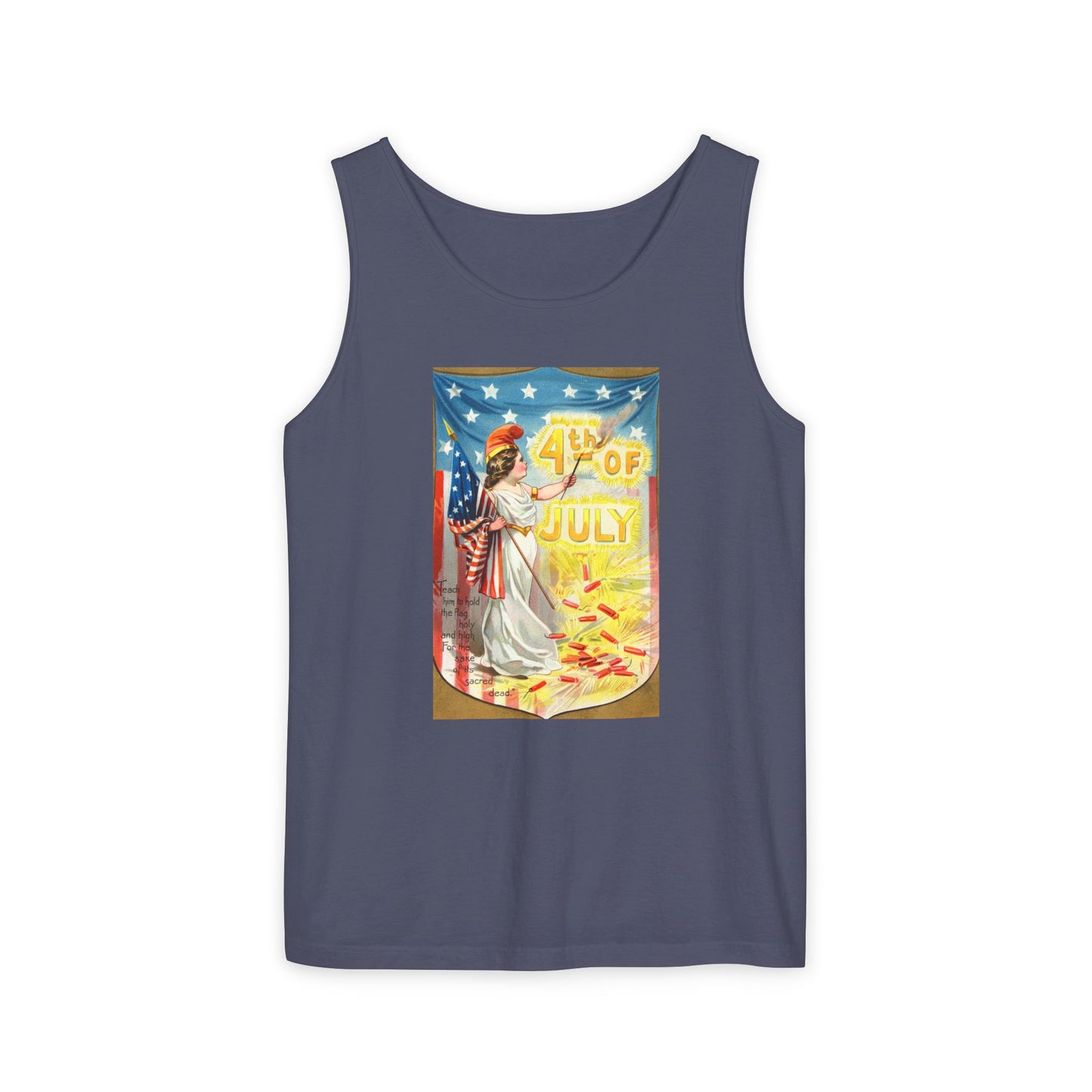 4th of July Flag Girl tank top ivory — vintage Columbia patriotic postcard art — The Faded Label Co.