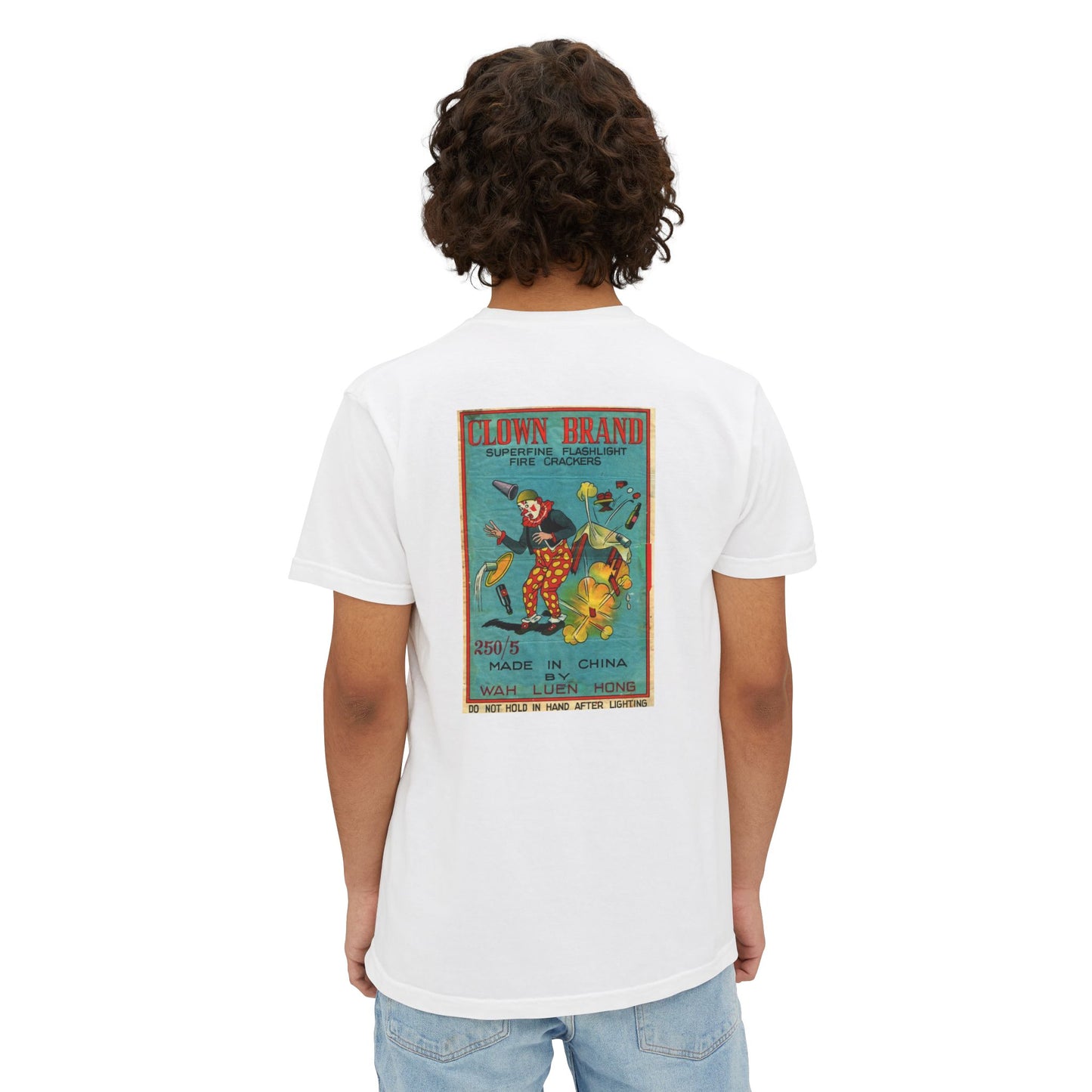 Clown Brand Firecrackers pocket t-shirt white back — vintage fireworks label art — The Faded Label Co.