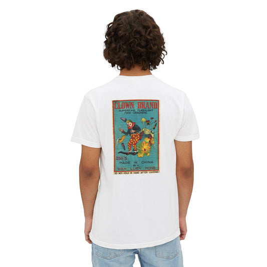 Clown Brand Firecrackers pocket t-shirt white back — vintage fireworks label art — The Faded Label Co.