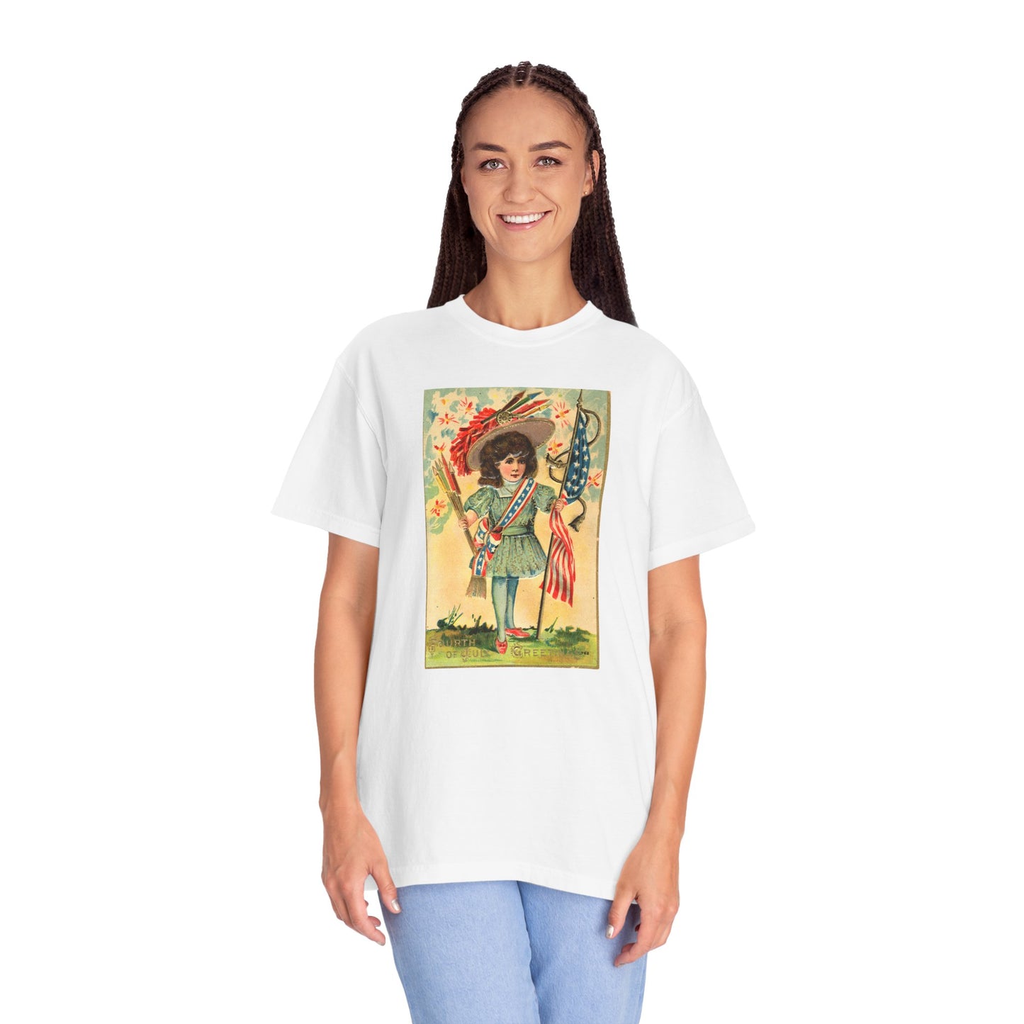 4th of July Patriotic Girl T-Shirt — Vintage Patriotic Postcard Art | The Faded Label Co.