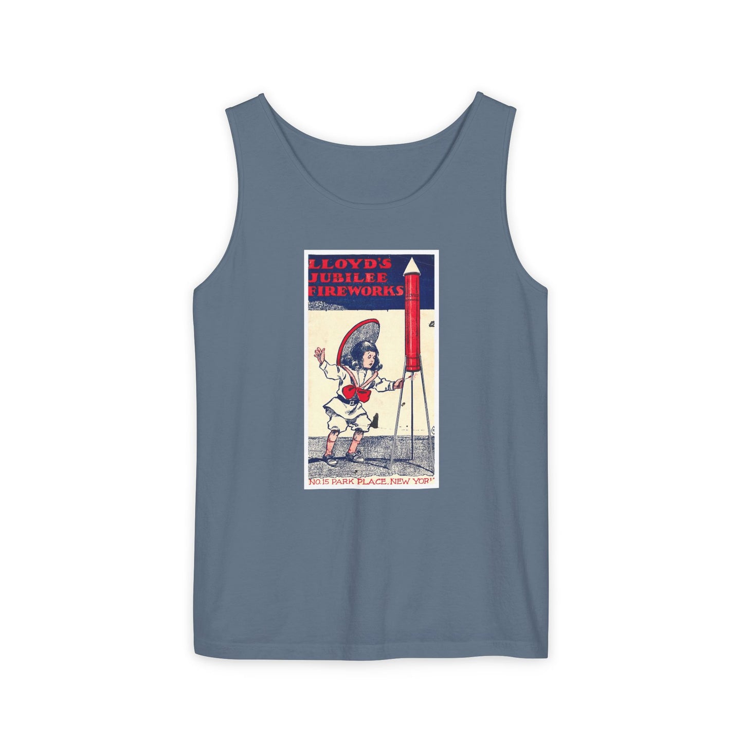 Lloyd's Jubilee Firecrackers tank top crimson — vintage patriotic fireworks label — The Faded Label Co.