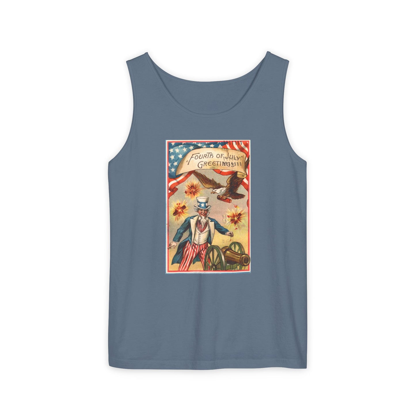Fourth of July Greetings Uncle Sam tank top denim — vintage patriotic postcard art — The Faded Label Co.