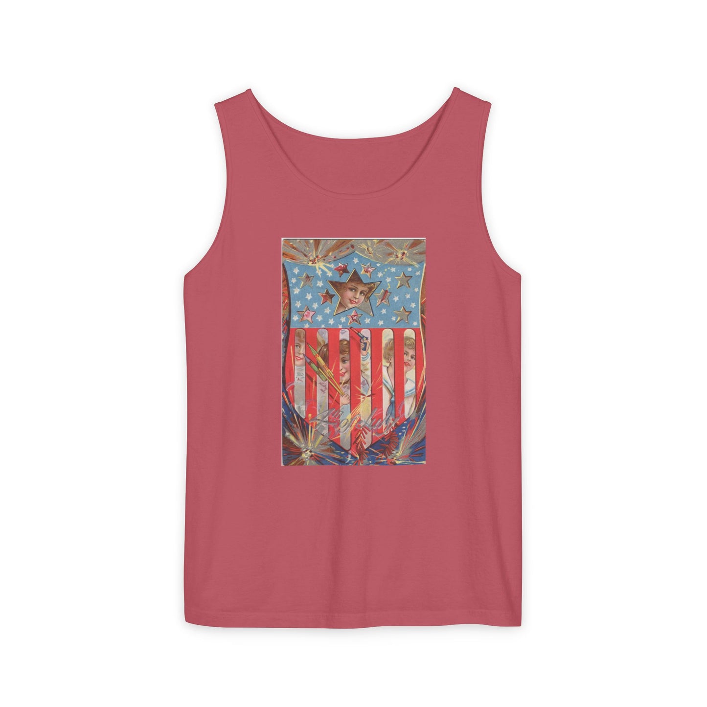 4th of July Shield Girls tank top crimson — vintage embossed patriotic postcard art — The Faded Label Co.
