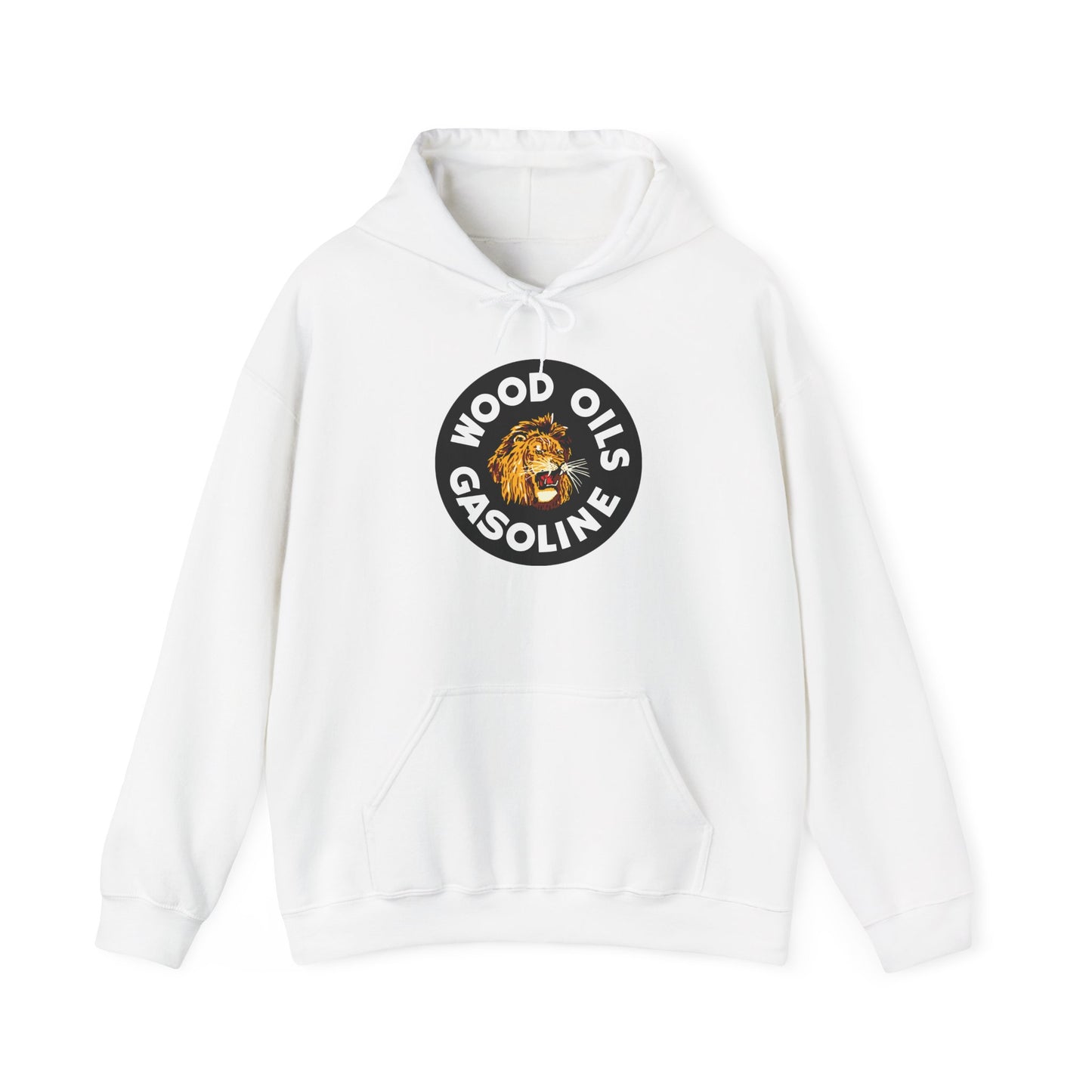 Lion Emblem Gasoline Hoodie — 'Wood Oils Gasoline' Retro Logo Sweatshirt