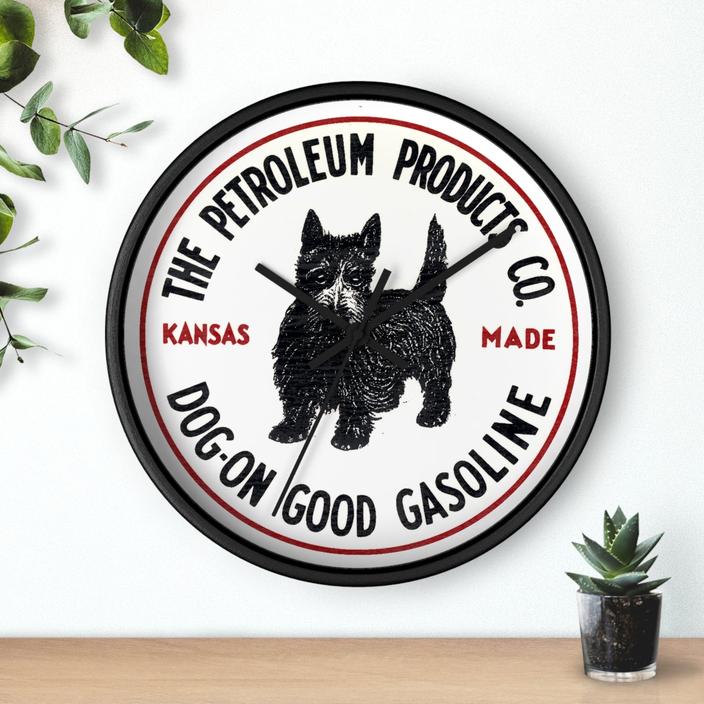 Dog-On Good Gasoline wall clock lifestyle — Kansas petroleum brand art — The Faded Label Co.