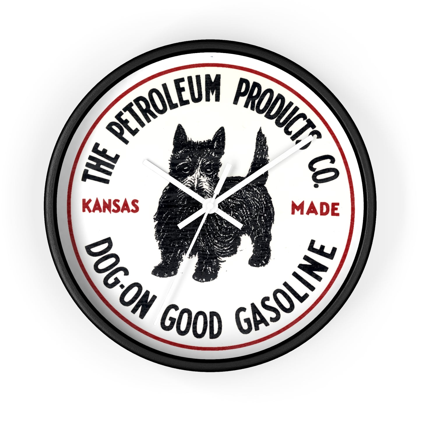 Dog-On Good Gasoline wall clock side profile — retro Kansas petroleum art — The Faded Label Co.