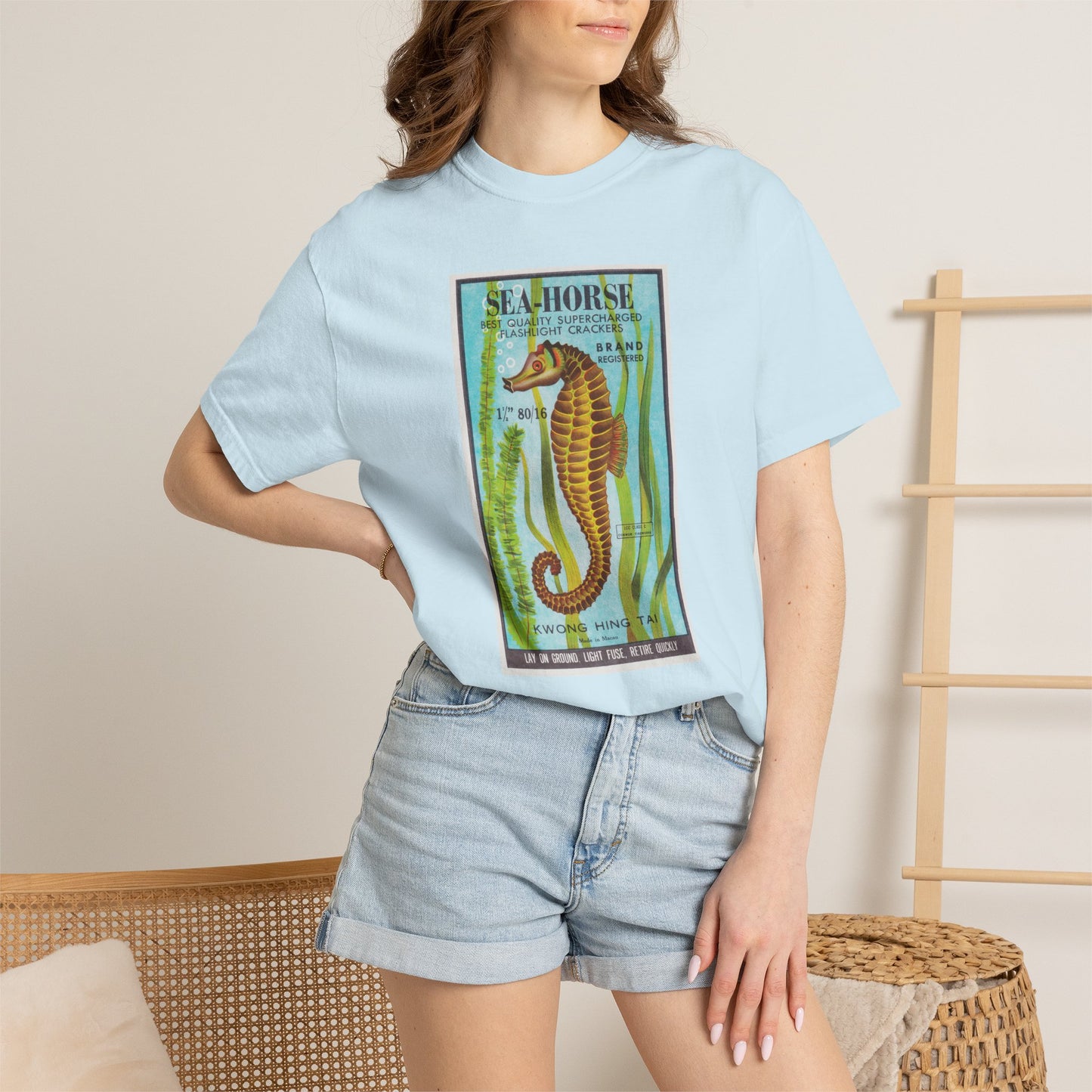 Seahorse Brand Firecrackers t-shirt folded — Comfort Colors garment-dyed fireworks art tee — The Faded Label Co.
