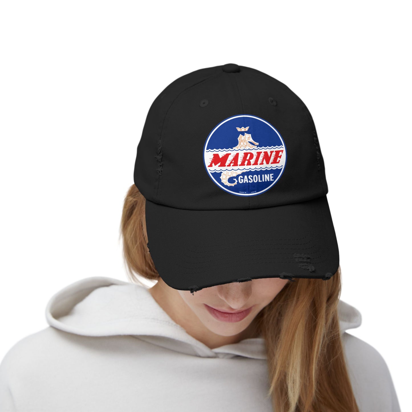 Marine Gasoline Distressed Cap — Vintage Dockside Petroliana Hat | The Faded Label Co.