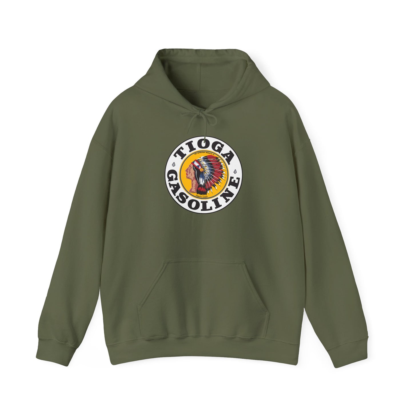 Tioga Gasoline Logo Hoodie — Vintage Native Chief Emblem