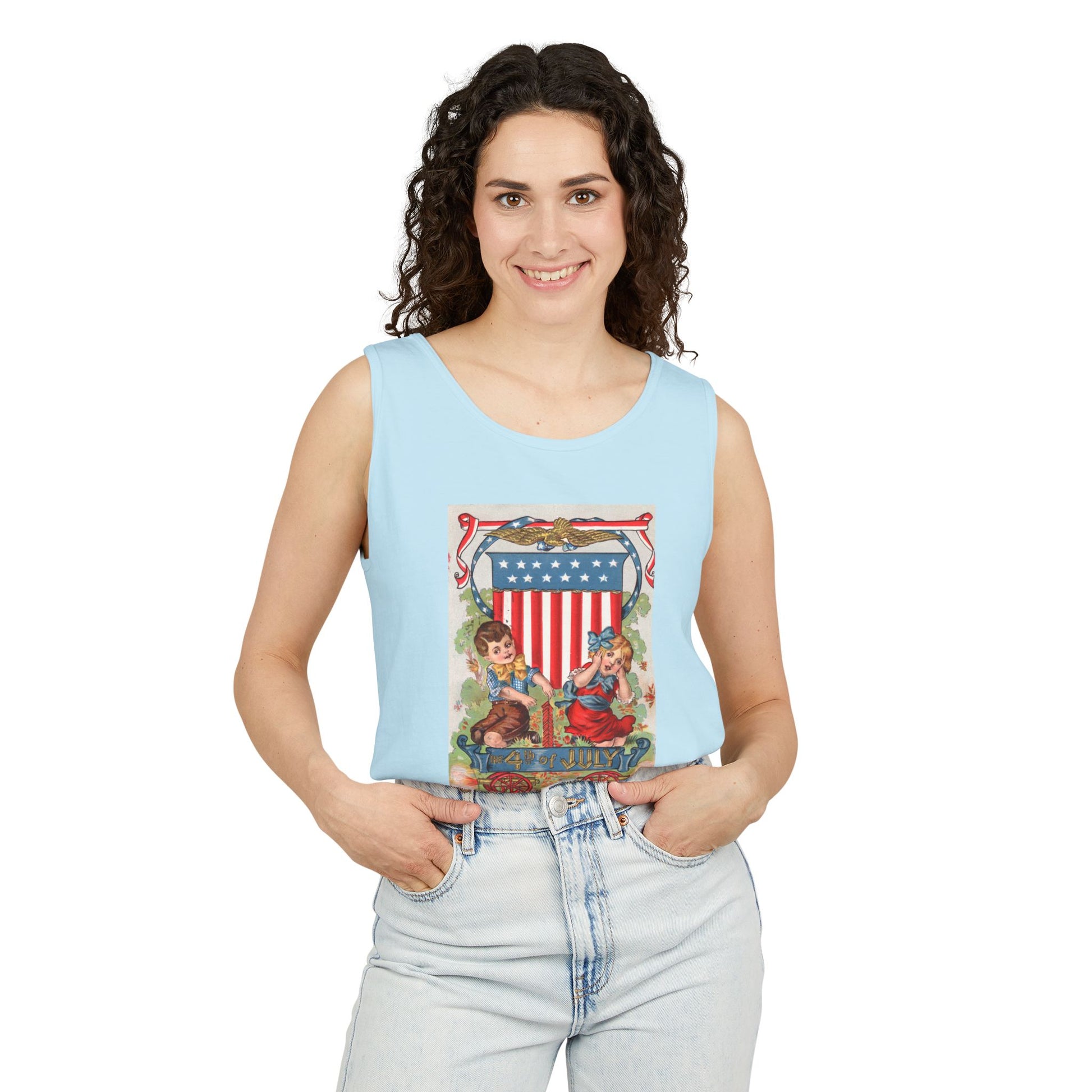 1908 Fourth of July Wagon tank top flat lay true navy — Comfort Colors 9360 unisex tank — The Faded Label Co.