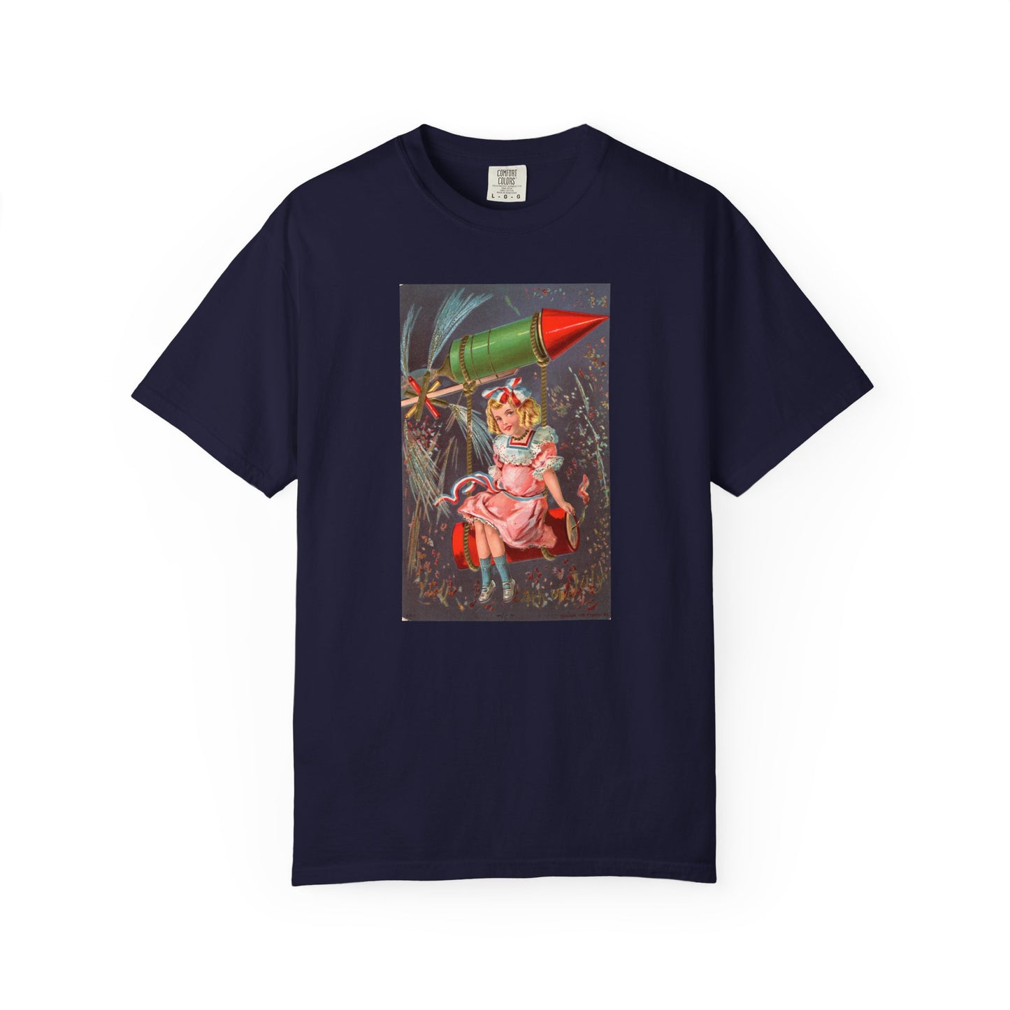 1907 Rocket Girl t-shirt ivory — vintage 4th of July postcard art — The Faded Label Co.