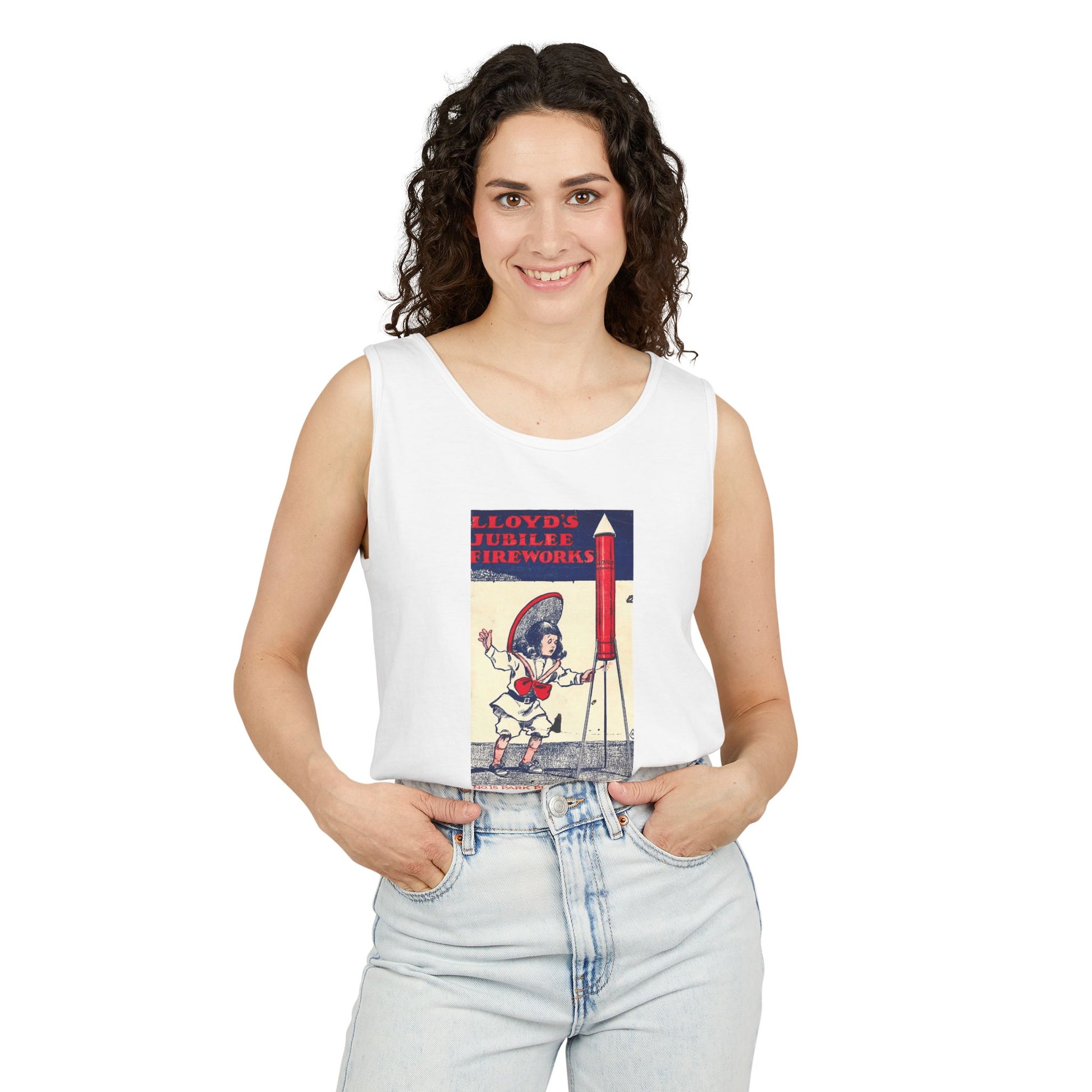 Lloyd's Jubilee Firecrackers unisex tank flat lay — vintage fireworks art — The Faded Label Co.