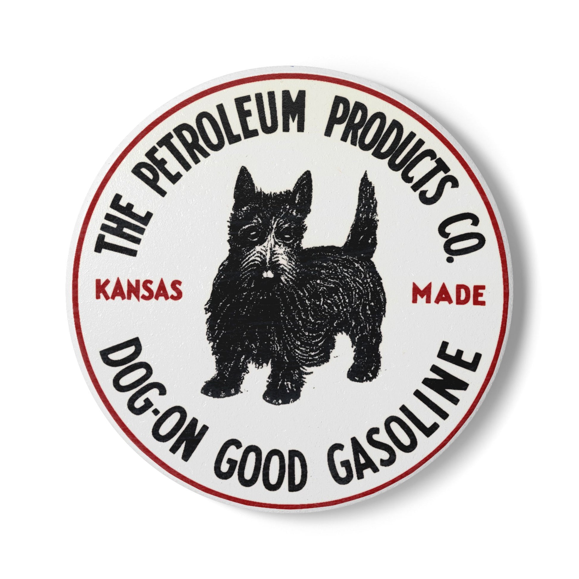Dog-On Good Gasoline ceramic coaster — vintage Scottie Dog petroliana — The Faded Label Co.
