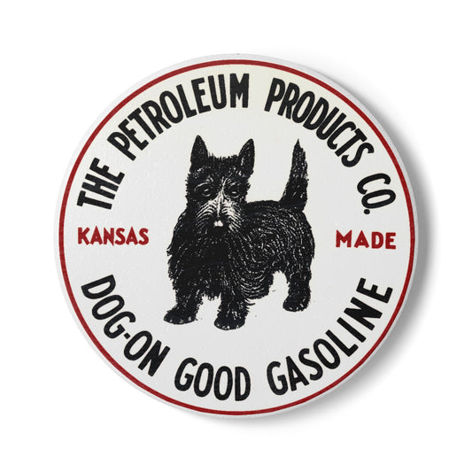 Dog-On Good Gasoline ceramic coaster — vintage Scottie Dog petroliana — The Faded Label Co.