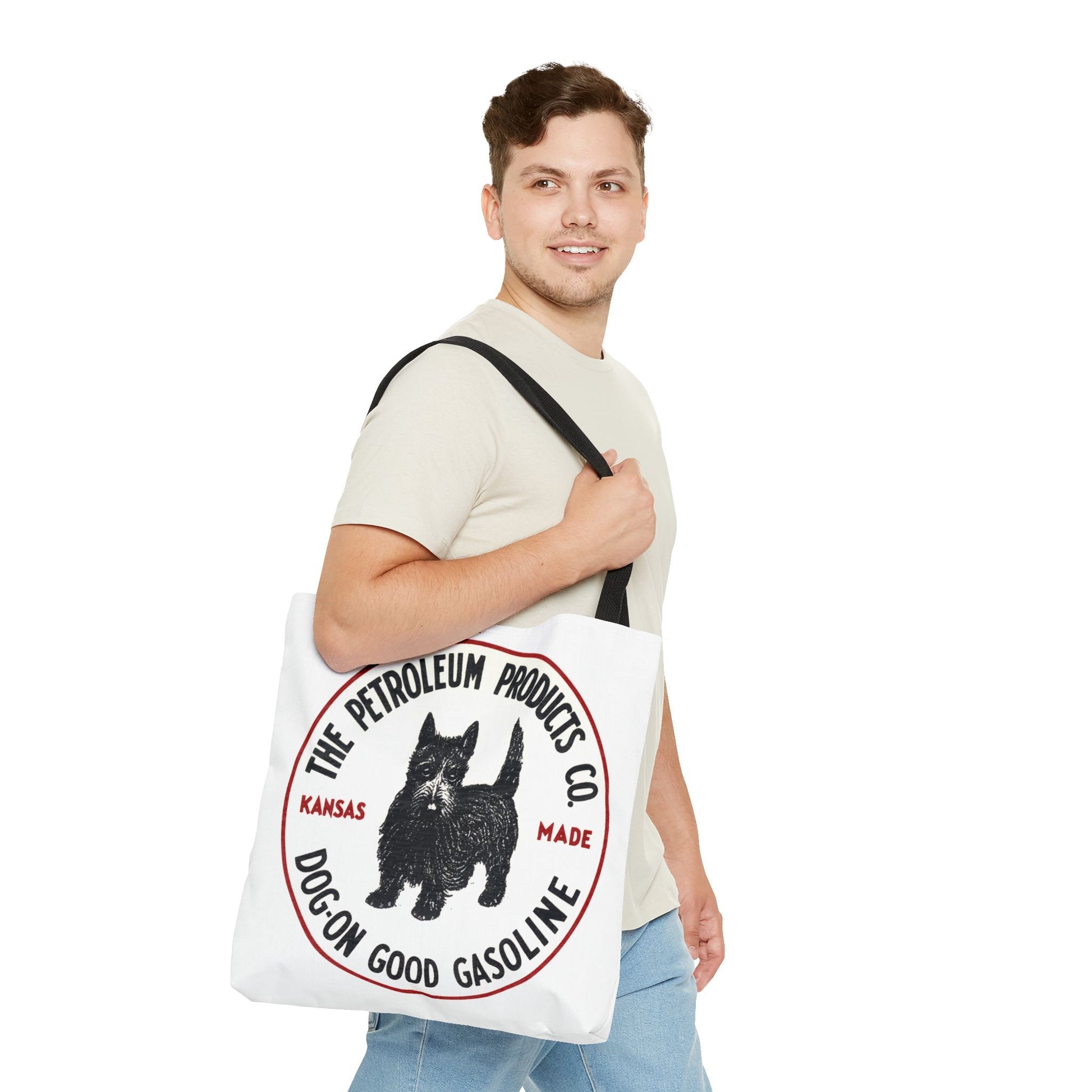 Dog-On Good Gasoline polyester tote bag detail — reinforced handles — The Faded Label Co.