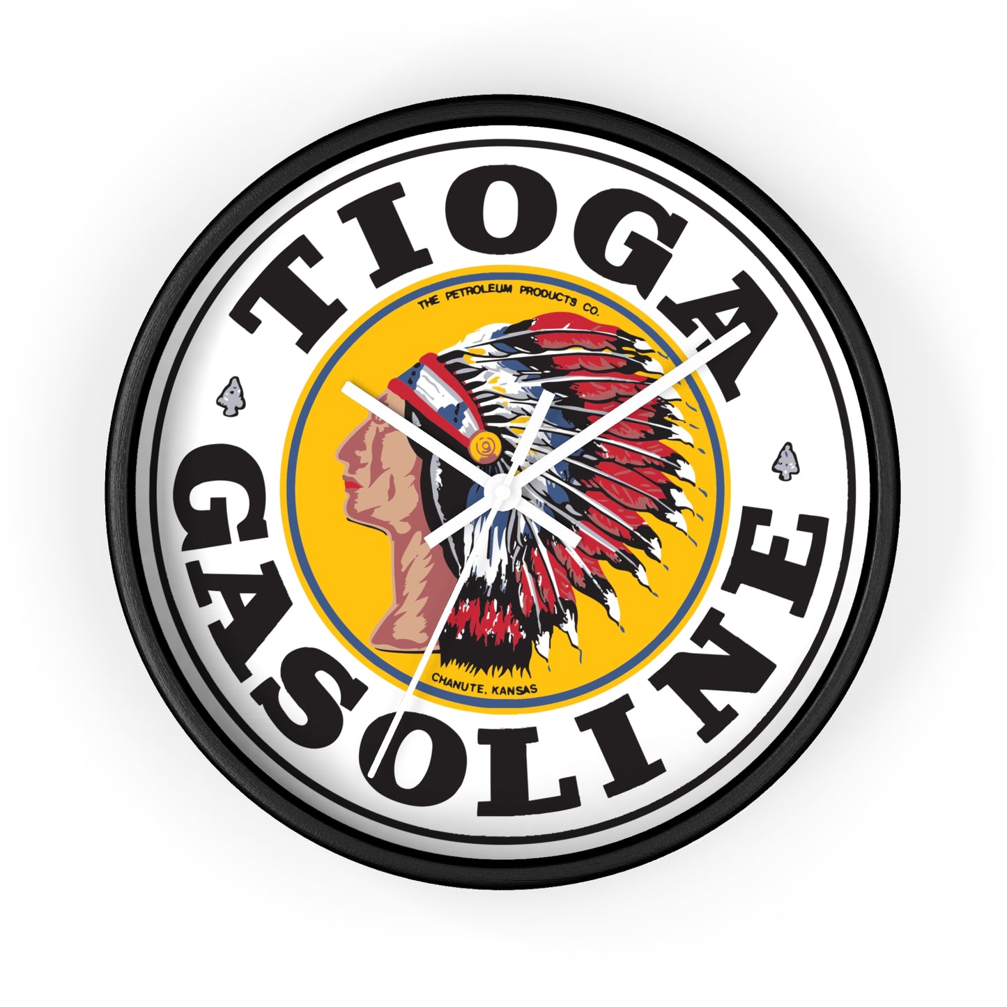 Tioga Gasoline wall clock wooden base — vintage petroliana decor — The Faded Label Co.